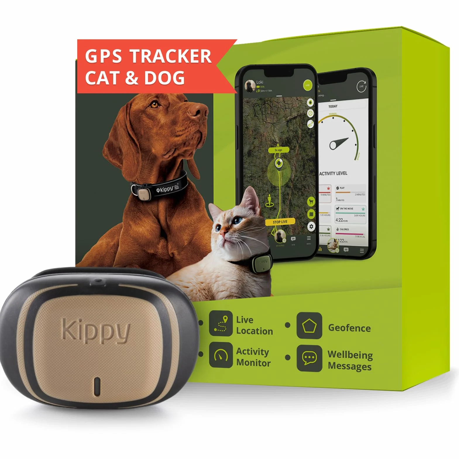 Kippy EVO Obroża GPS Monitor Aktywności dla Psów Kotów, 38g, Wodoodporna, Bateria 7 dni, Brązowe Drewno