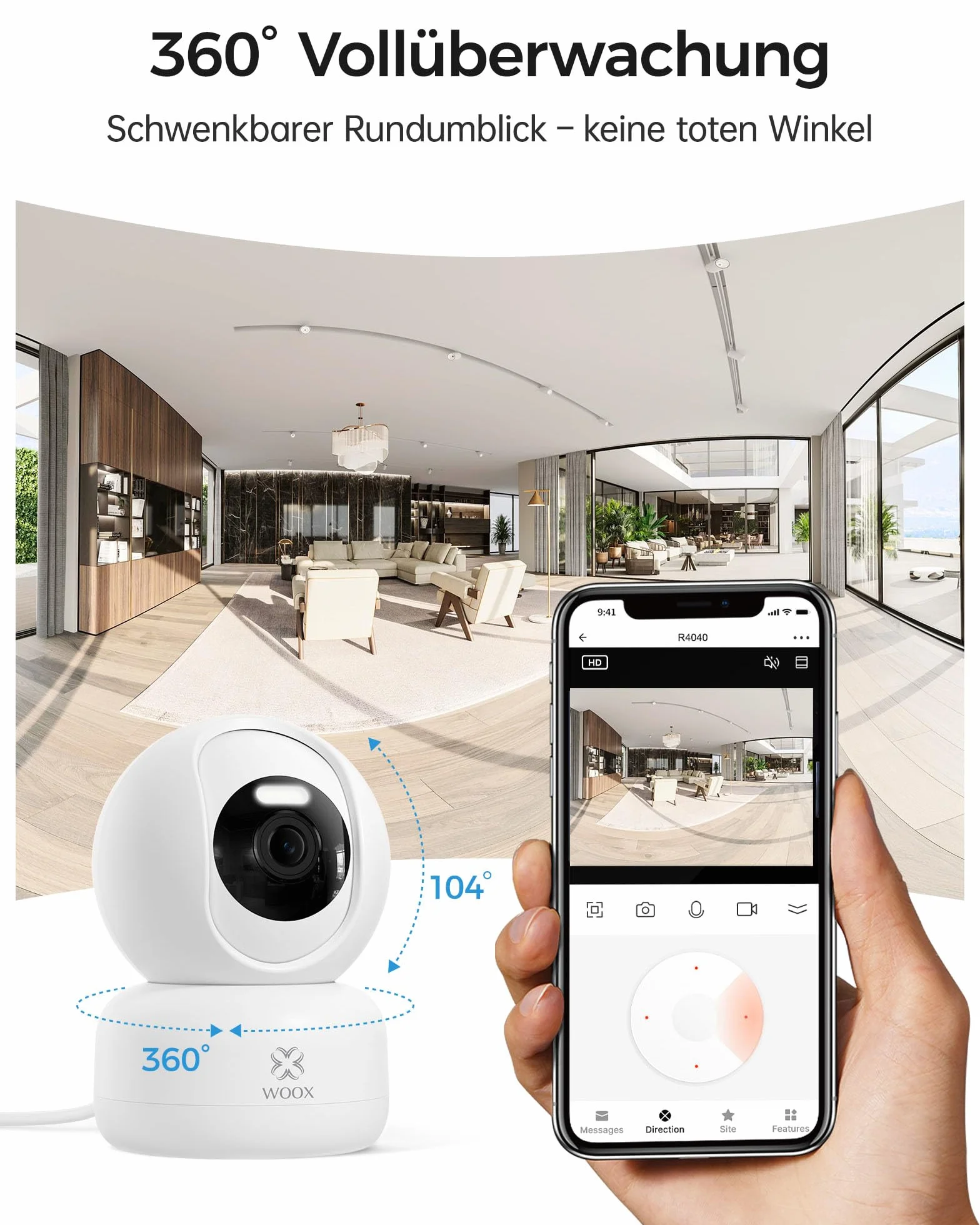 Woox Kamera do monitoringu wewnątrz 2K 360° WLAN z noktowizorem, rozpoznawanie osób, automatyczne śledzenie, dwukierunkowe audio