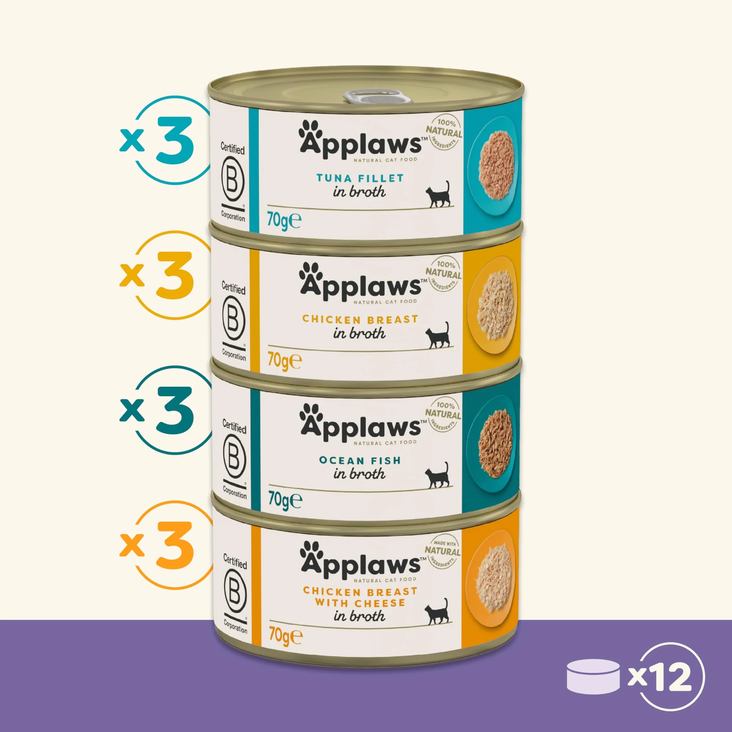 Applaws 100% naturalna mokra karma dla kotów, opakowanie zbiorcze ryb i kurczaka do wyboru w bulionie, 12 x 70 g