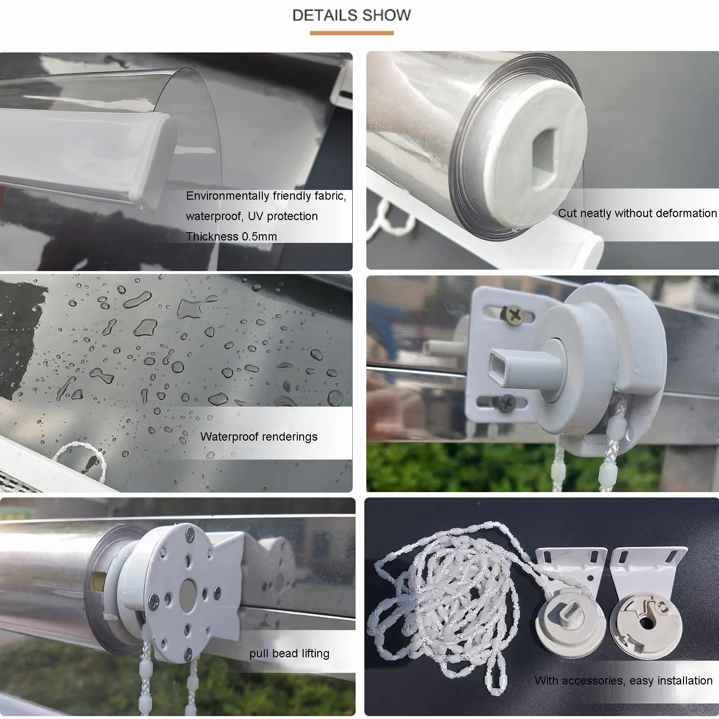 Przezroczyste rolety z PCW, grube 0,5 mm, plastikowe, wodoodporne, przezroczyste, zwijane żaluzje do ogrodu, na balkon, drzwi patio, pergolę, rolety do okien wewnętrznych, z okuciami, szer. x wys