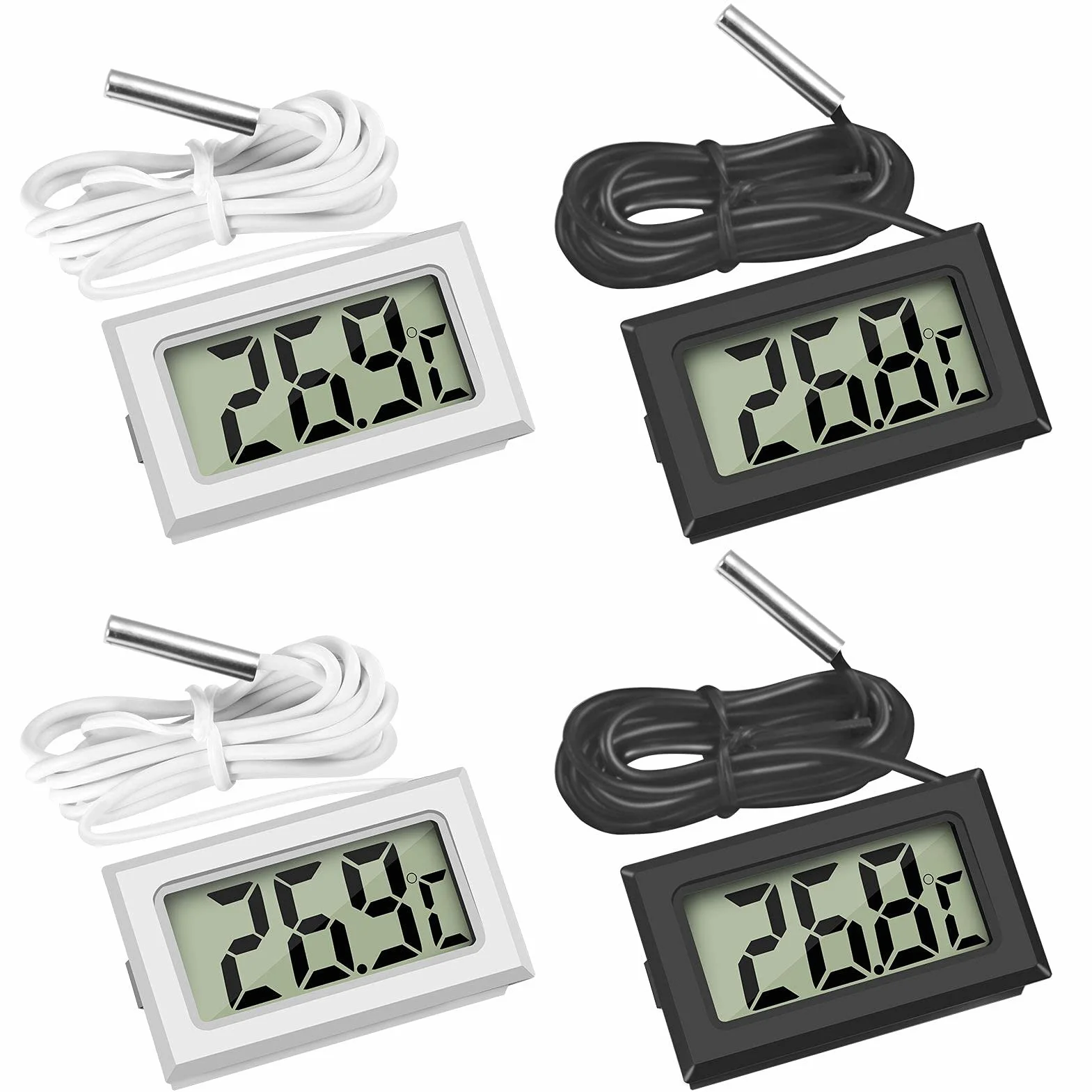 Thlevel Mini cyfrowy LCD termometr temperatury wilgotności z zewnętrzną sondą wodoodporną do lodówki, zamrażarki, akwarium, 2 białe, 2 czarne, 4 szt