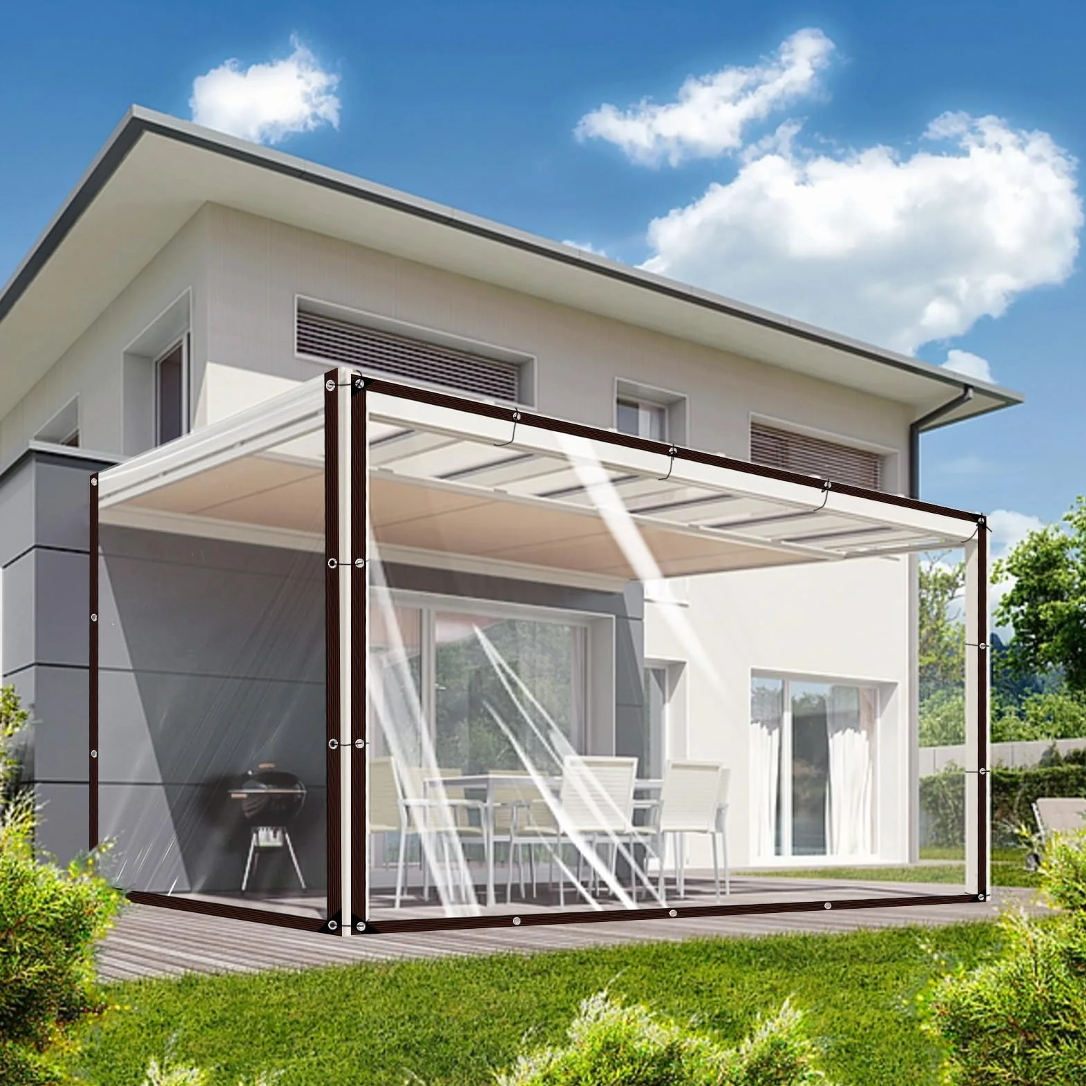 Wodoszczelna przezroczysta plandeka z oczkami, przezroczysta plandeka na meble ogrodowe, balkon, ochrona przed wiatrem, z linką do wiązania, 1 x 2 m