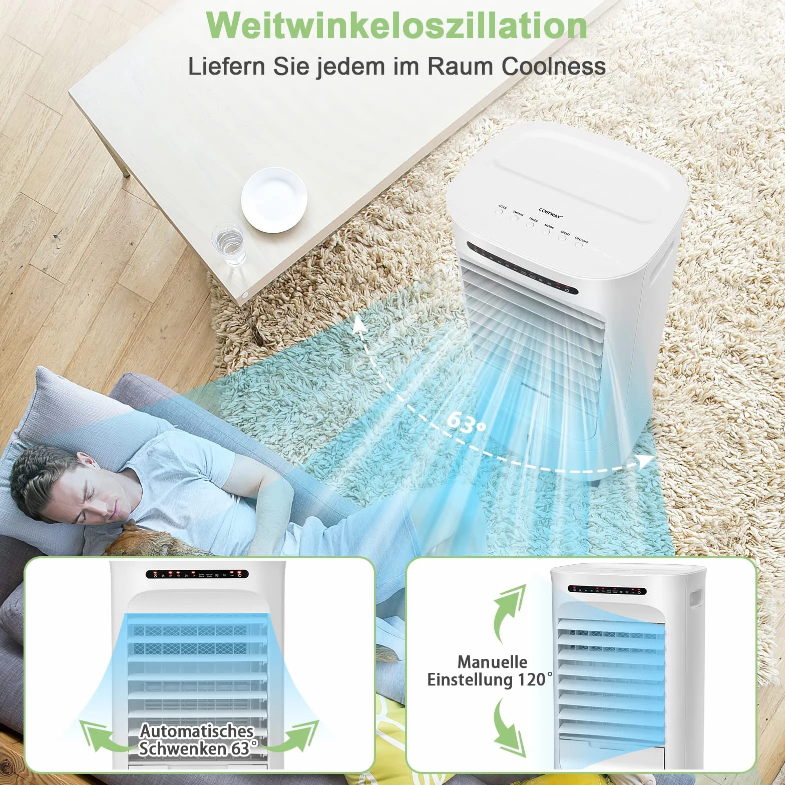 COSTWAY Mobilny cichy klimatyzator bez węża wylotowego, nawilżacz powietrza i wentylator 3 w 1, z 3 trybami, zbiornik na wodę 10 l, 2 wkłady chłodzące, timer 15-godzinny, pilot, do domowego biura