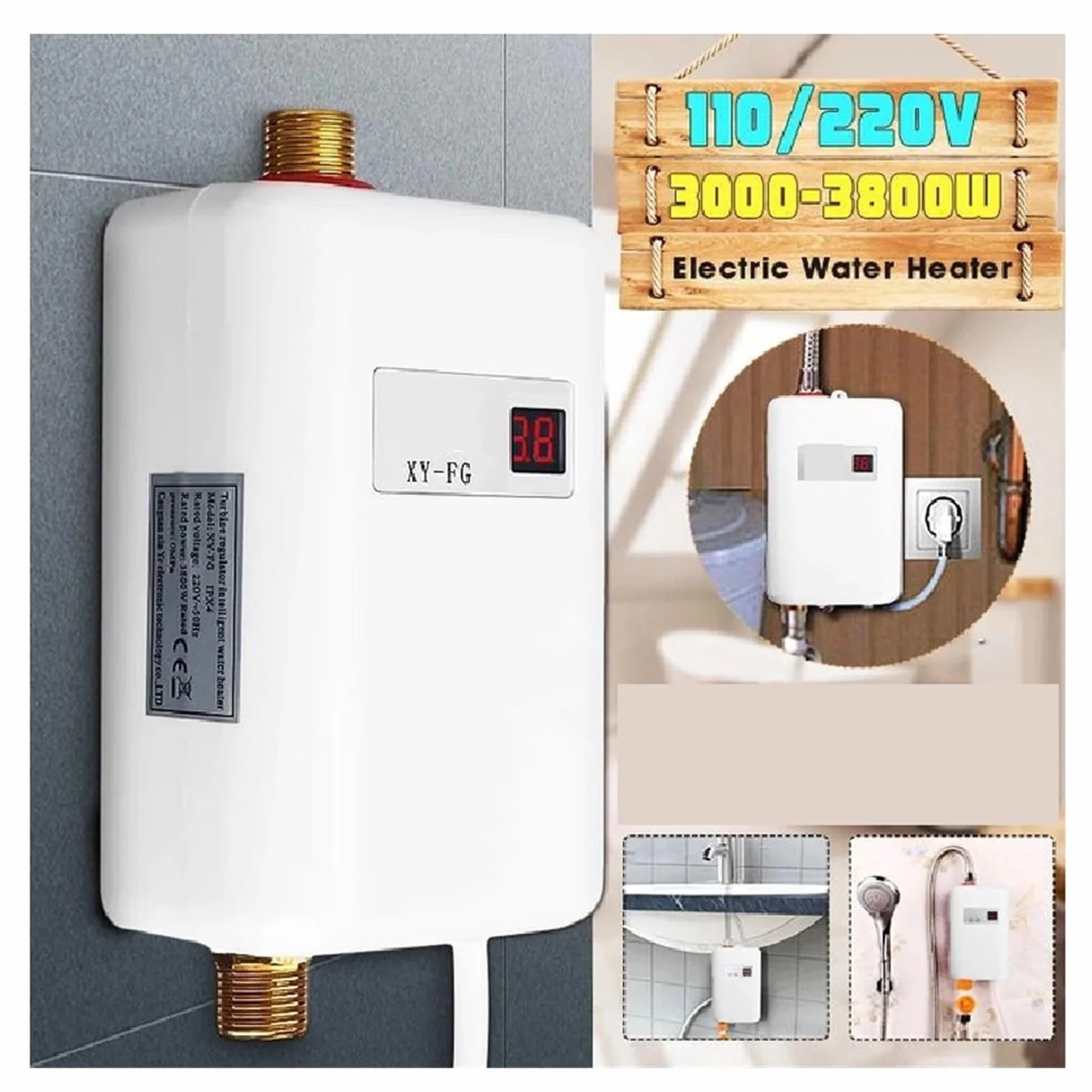 3800W Bezzbiornikowy Elektryczny Podgrzewacz Wody Łazienka Kuchnia Natychmiastowy Podgrzewacz Wody Wyświetlacz Temperatury Ogrzewanie Prysznic Uniwersalny Kompaktowy i trwały(Golden)