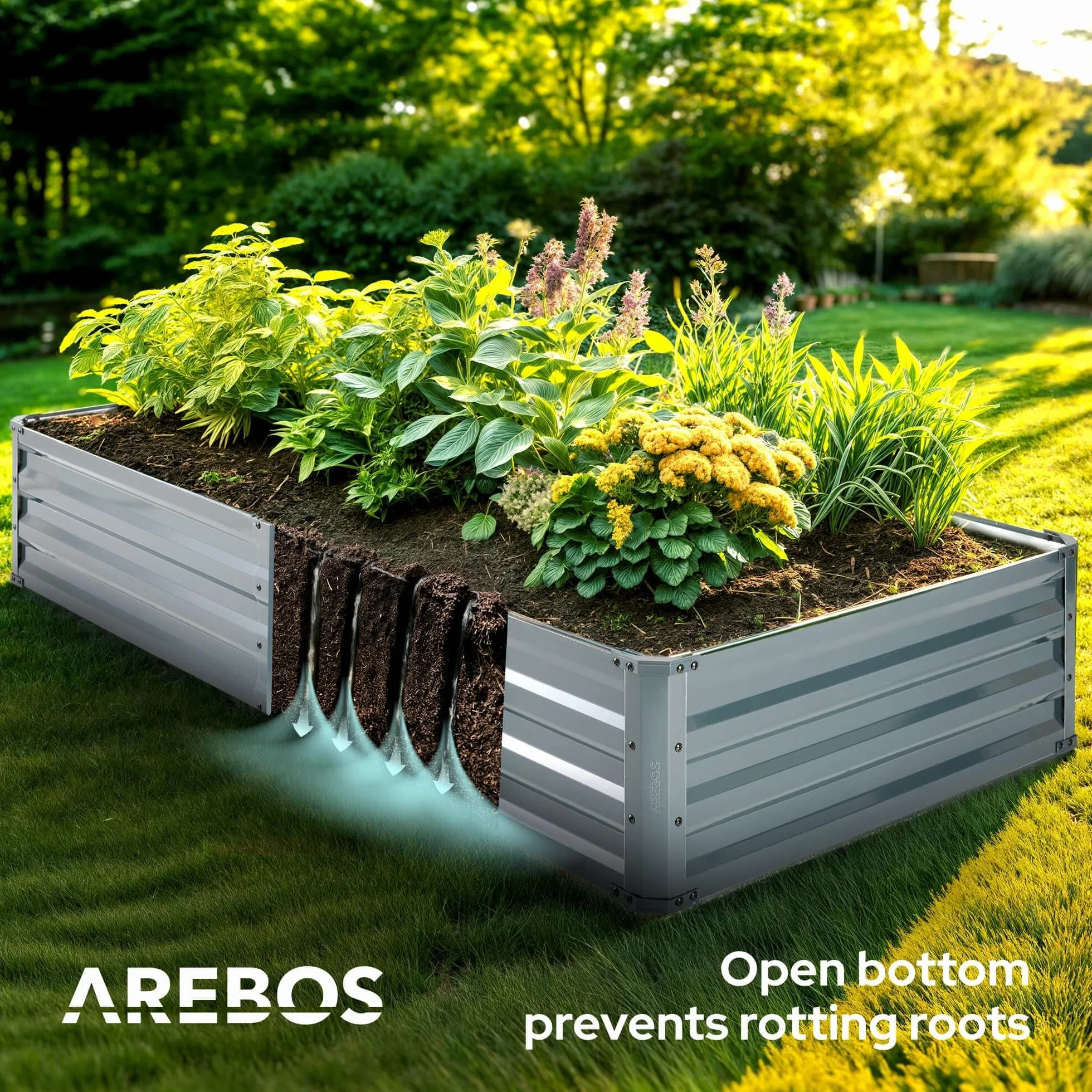 Arebos Podwyższona grządka metalowa, zestaw 2 sztuk 180 x 90 x 30 cm | grządka ogrodowa z ocynkowanej stali | odporna na warunki atmosferyczne i nierdzewna | prostokątna grządka na warzywa do ogrodu i
