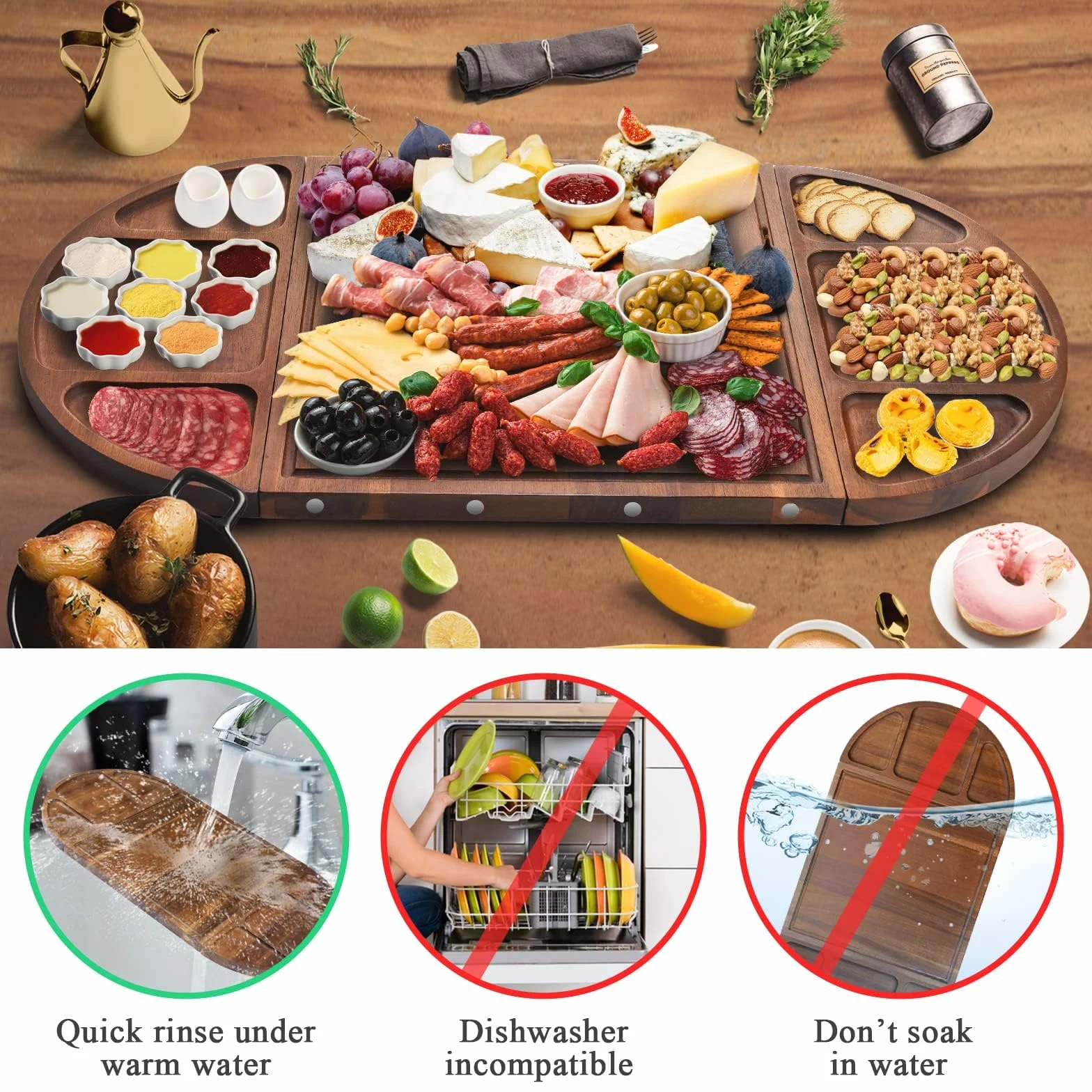 YUANQIAN Magnetyczna tablica do wędlin z drewna akacjowego, duża, 66 cm x 33 cm, łączona deska do serwowania, do rozrywki, piękne spersonalizowane świąteczne drewniane kwadratowe półokrągłe deski do