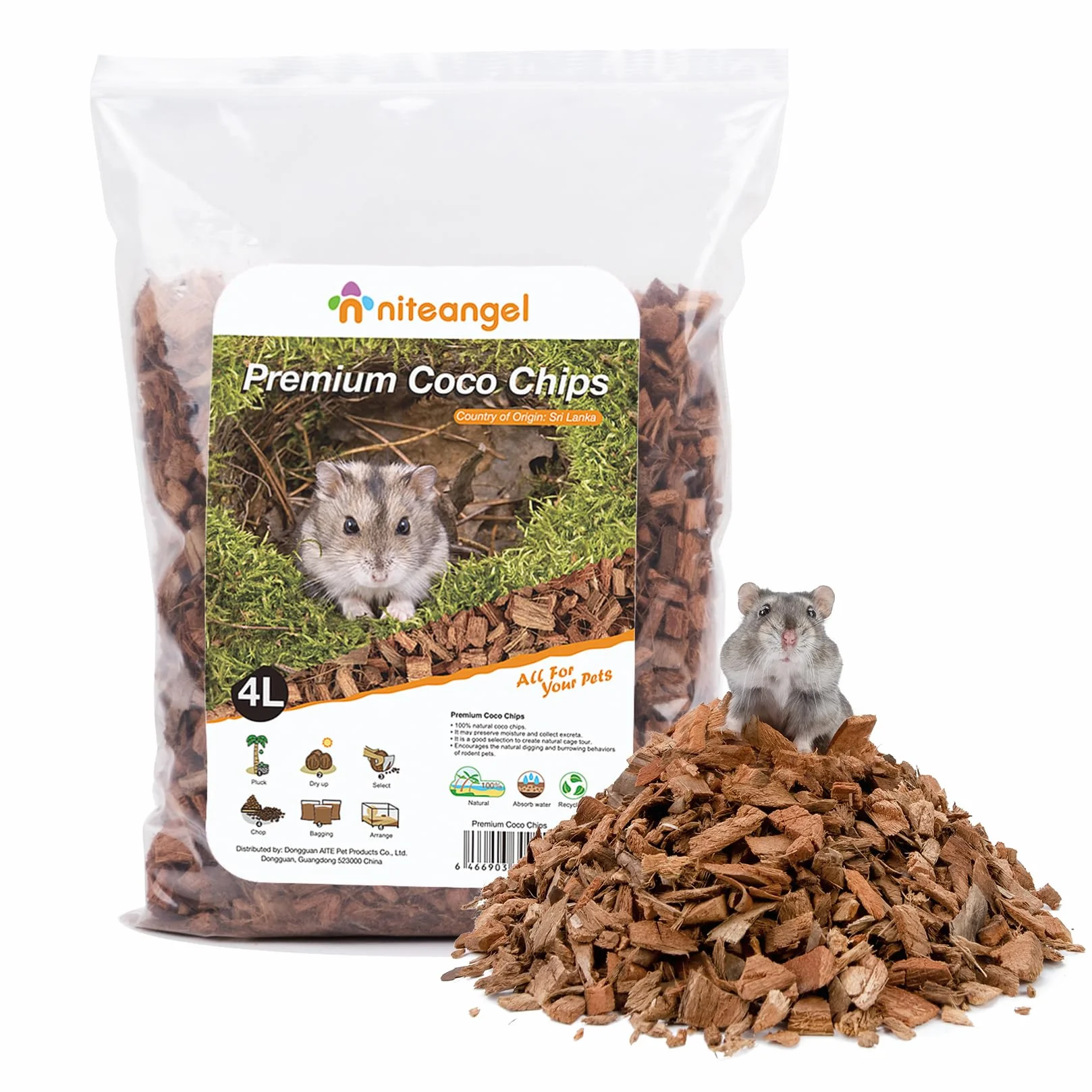 Niteangel Naturalna pościel dla chomika Coco dla zwierząt domowych dla karłowatych chomików syryjskich, myszoskoczków, myszy, Degus lub innych małych zwierząt (chipsy coco)