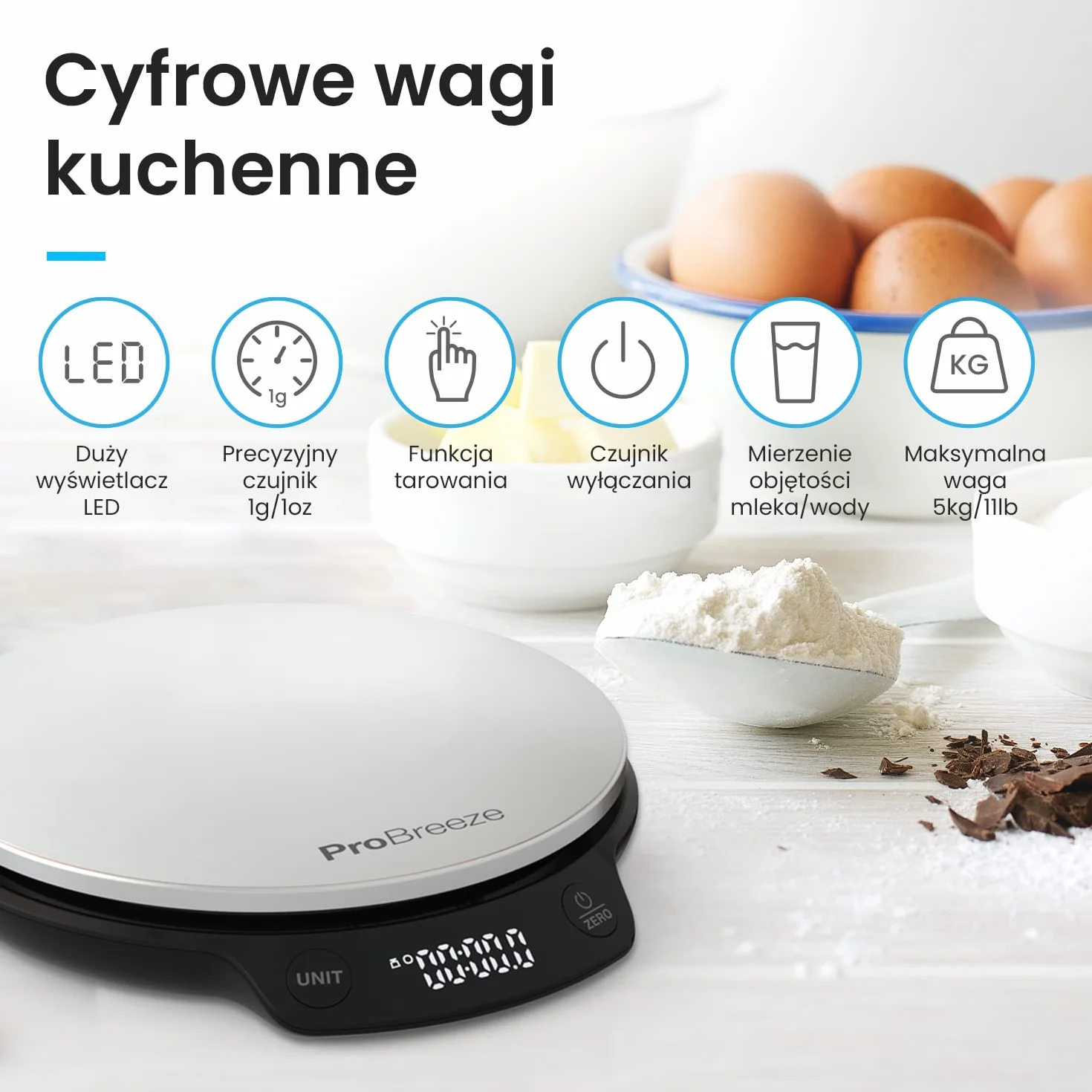 Pro Breeze Waga Kuchenna Cyfrowa Precyzyjna ze Stali Nierdzewnej, do Gotowania Pieczenia, Dokładna do 1g/0.1oz, do 5kg, Elektroniczna z Funkcją Tarowania