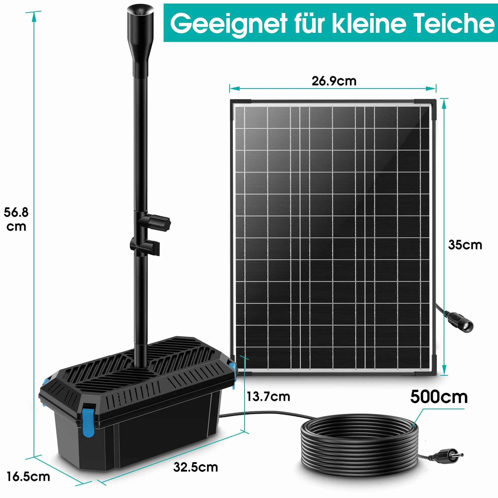 Biling Solarny filtr do stawu 20 W, zestaw 875 l/h, pompa z 4 dyszami i regulatorem przepływu, kabel 5 m, do stawu ogrodowego, fontanny, mały staw rybny, do zabawy na zewnątrz, przyjazny dla