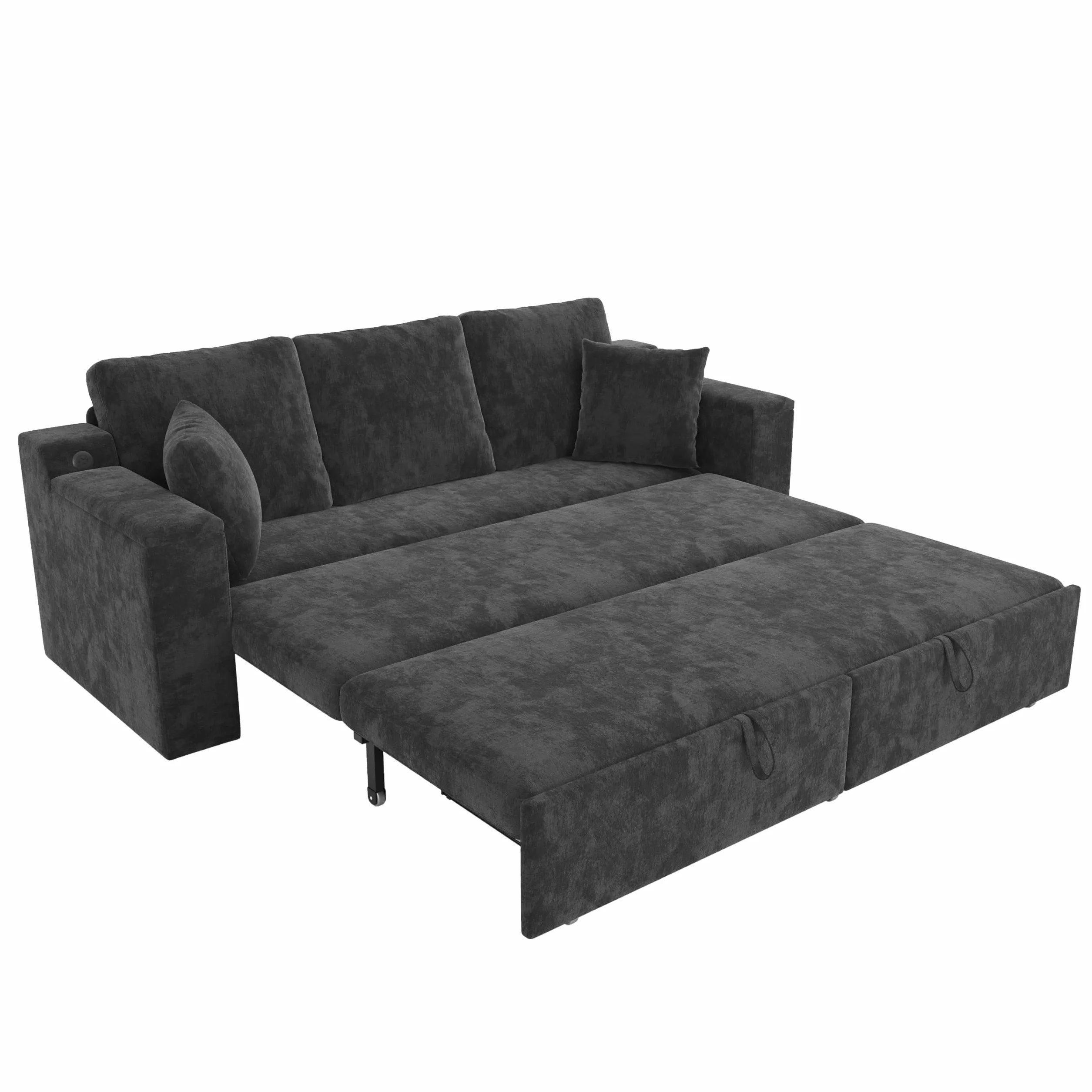 3-osobowa sofa 3 w 1 z funkcją spania, metalowa rama, miejsce do przechowywania, USB i podłokietniki, do salonu i sypialni, wielofunkcyjna, szara