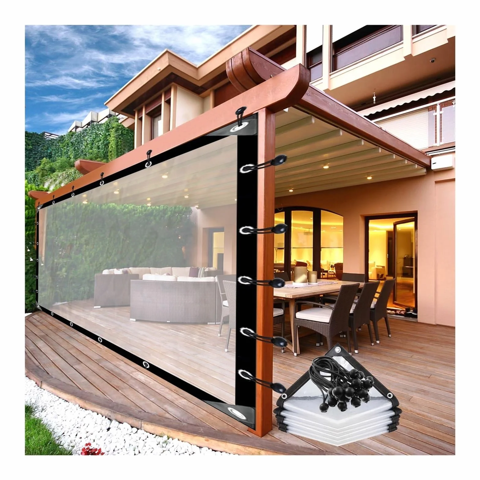 Zewnętrzne Przezroczyste Zasłony Pergola Wodoodporne Panele Boczne Z Oczkami Przezroczysta Plandeka Z Tworzywa Sztucznego, Do Altany, Ogrodów, Konfigurowalny AFGZQ (Color : CLEAR, Size : 3.28x6.56ft