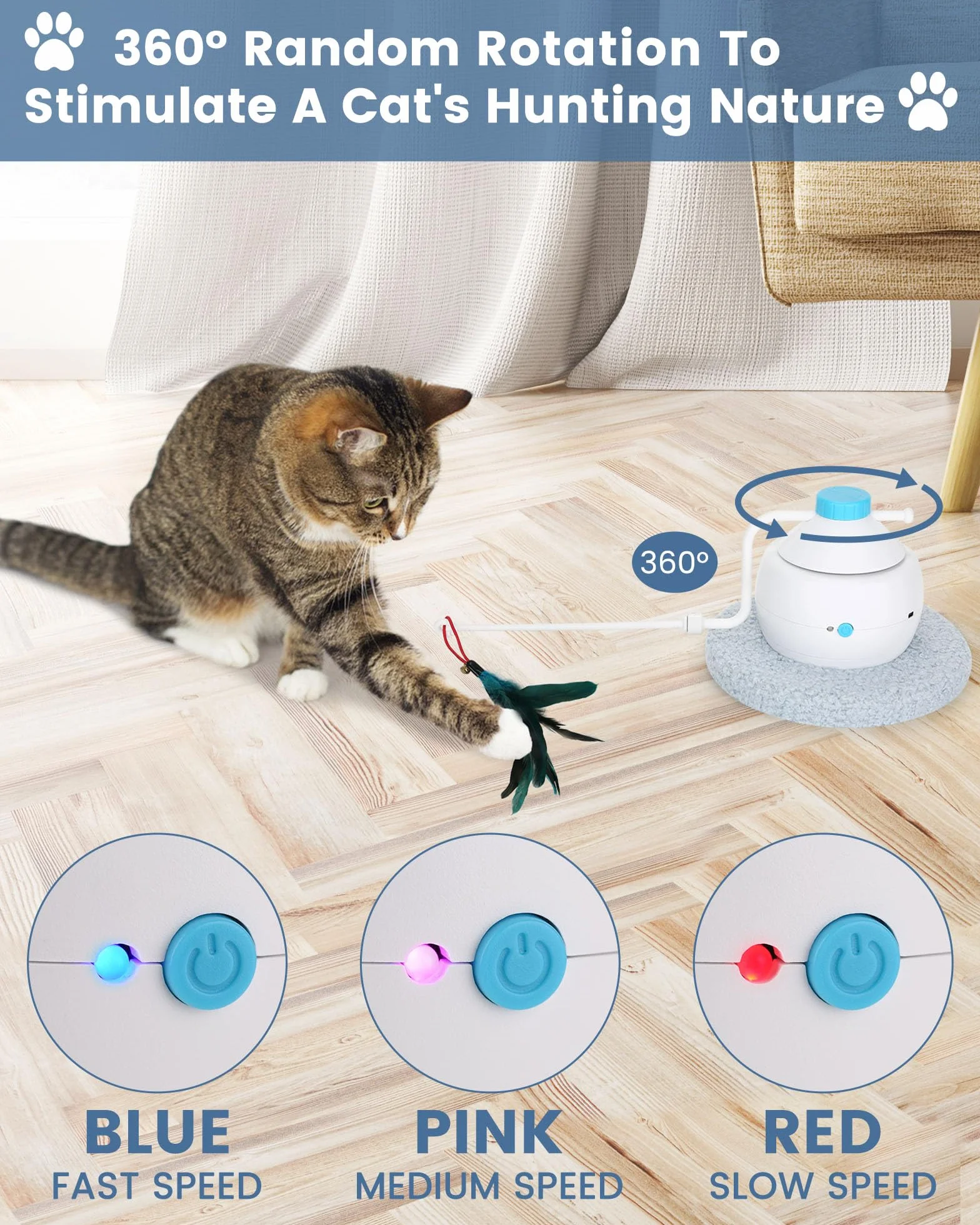 HAPPY HACHI Zabawka interaktywna dla kota 3 w 1 automatyczne obracanie 360° ładowana USB elektryczna jasnoniebieska