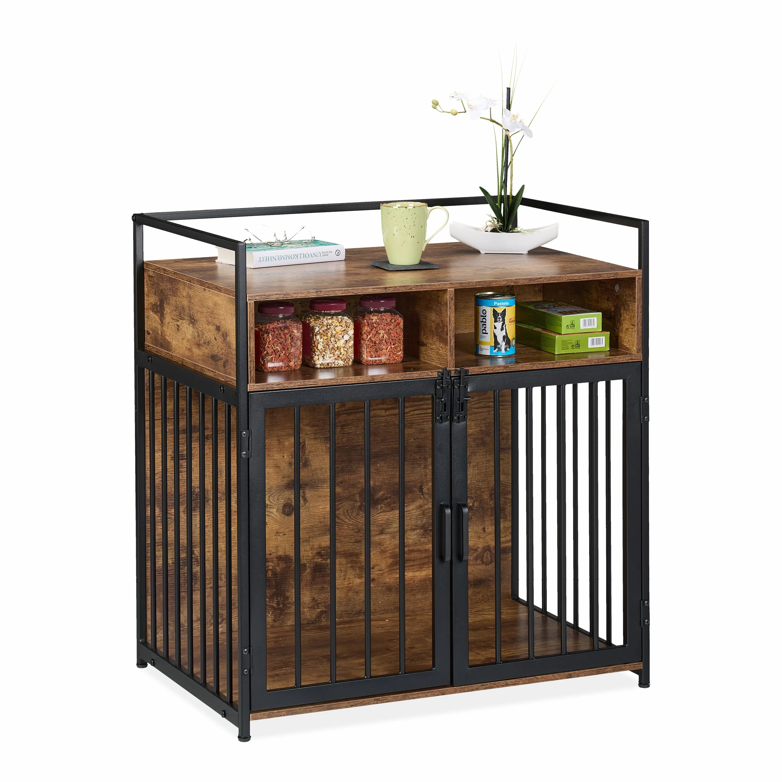 Relaxdays Klatka dla Psa 85x80x54 cm Skrzynia z Półką 2 Drzwi Szafka Brązowo-Czarna