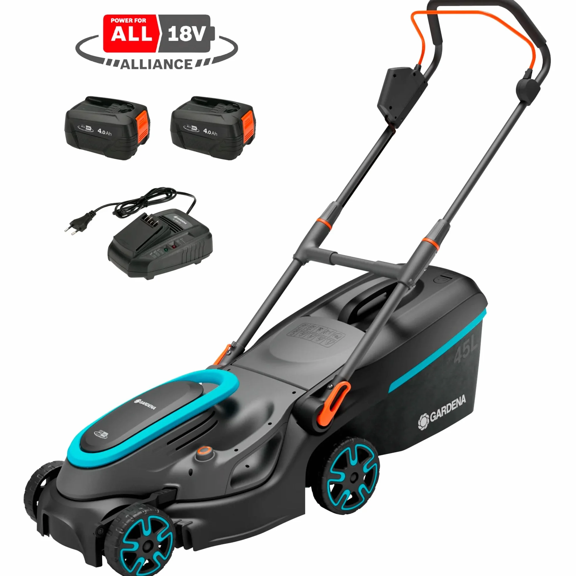 Gardena kosiarka akumulatorowa PowerMax 37/36V P4A gotowy zestaw: Kosiarka do 350 m², szer. cięcia 37 cm, obj. 45 l, centr. regul. wys. cięcia, silnik PowerPlus z trybem Eco (14638-20)