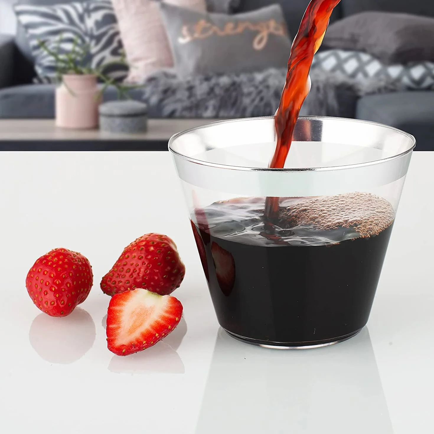 LATERN 60 szt. plastikowych kubków w srebrnych oprawkach, 270 ml, plastikowe kubki wielokrotnego użytku, eleganckie kieliszki do wina na imprezę, do szampana, piwa, koktajli, Martini, deseru sodowego