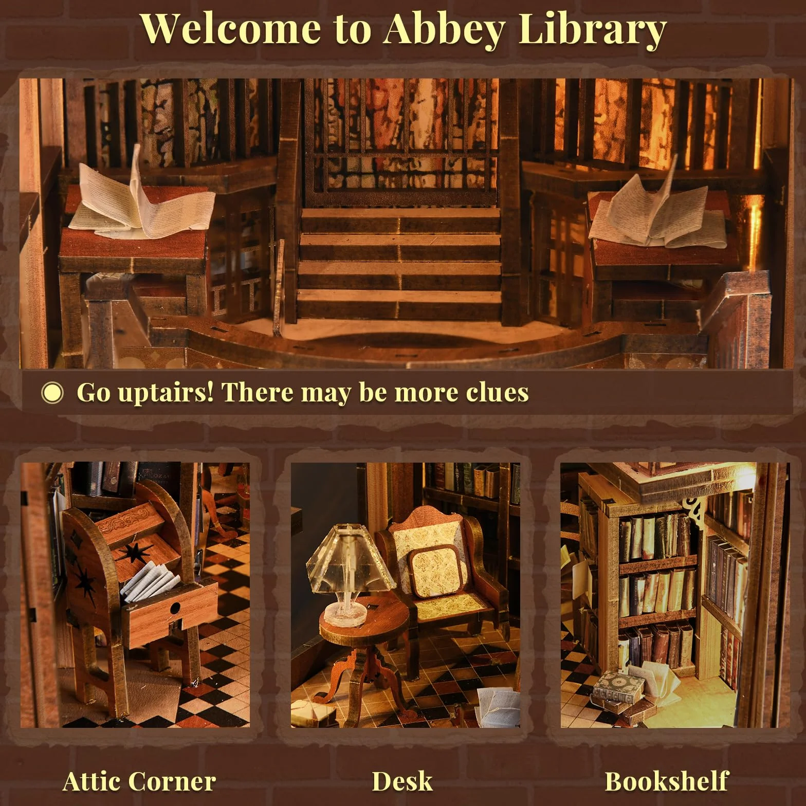 Zestaw MiniCity Book Nook, zestaw DIY do miniaturowego domku dla lalek Booknook, 3D puzzle z drewna, wkładka do książek, regał, dekoracja dla młodzieży i dorosłych (Biblioteka Abbey)