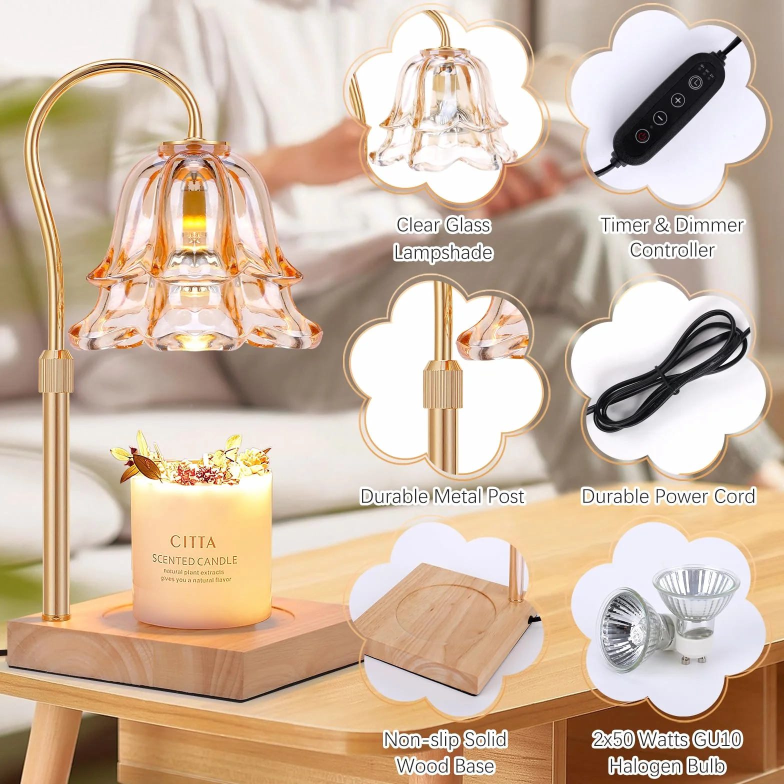Lampa świeczkowa z timerem i regulatorem intensywności, Vintage podgrzewacz świec 2 żarówki