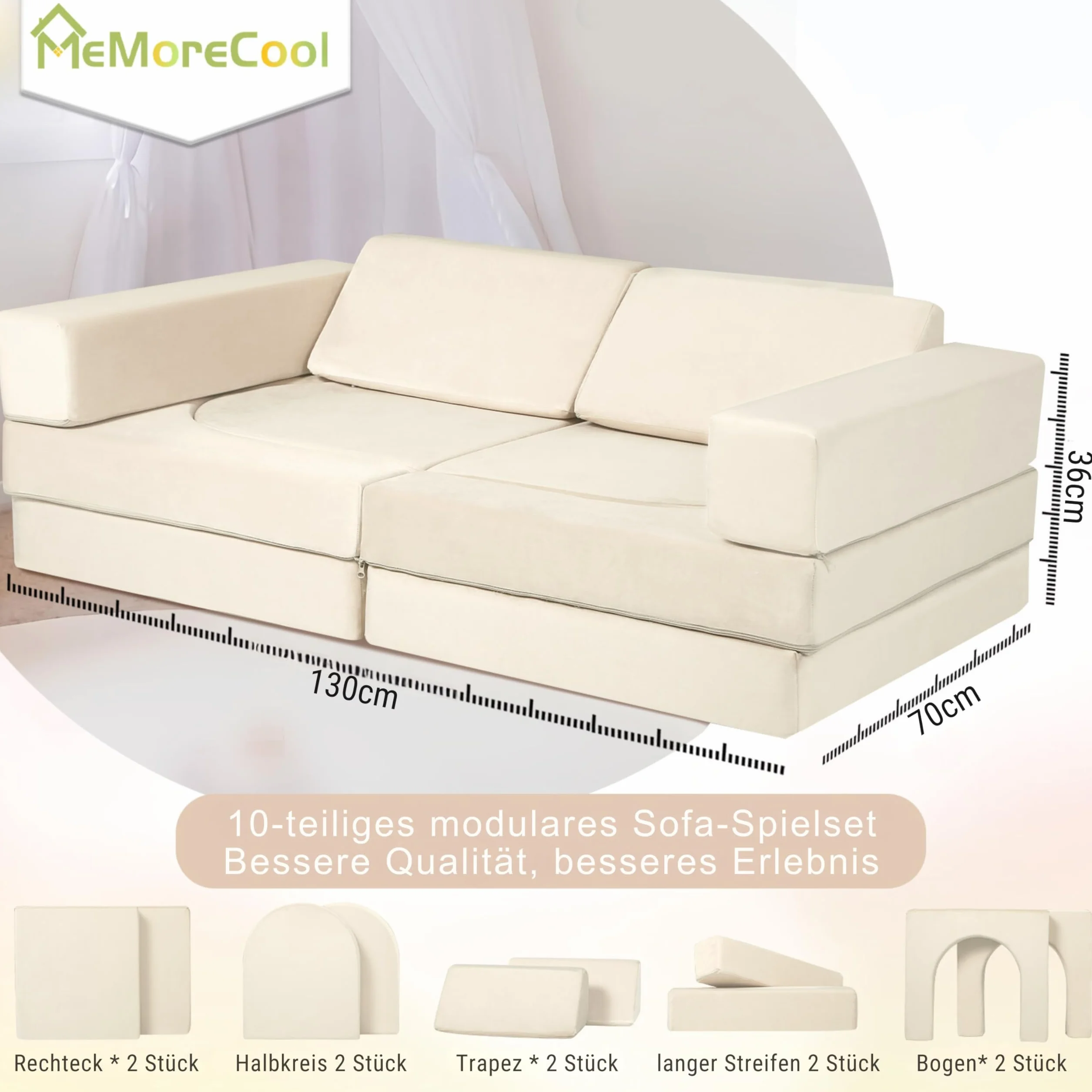 MeMoreCool Sofa do zabawy dla dzieci, miękka pianka z klocków, fantazyjna sofa do zabawy, ekscytujący plac zabaw do pokoju dziecięcego, przytulny kącik, idealny dla dzieci, beżowy