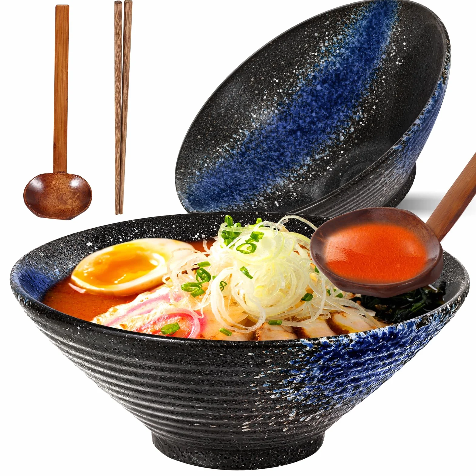 Ramen Bowl Ceramic, 2 zestawy (6 sztuk) Ramen Bowl z łyżkami i patyczkami, bezsaskową japońskie potrawy do ramen, sałatki, musli, 1000 ml, 20 x 20 x 9 cm