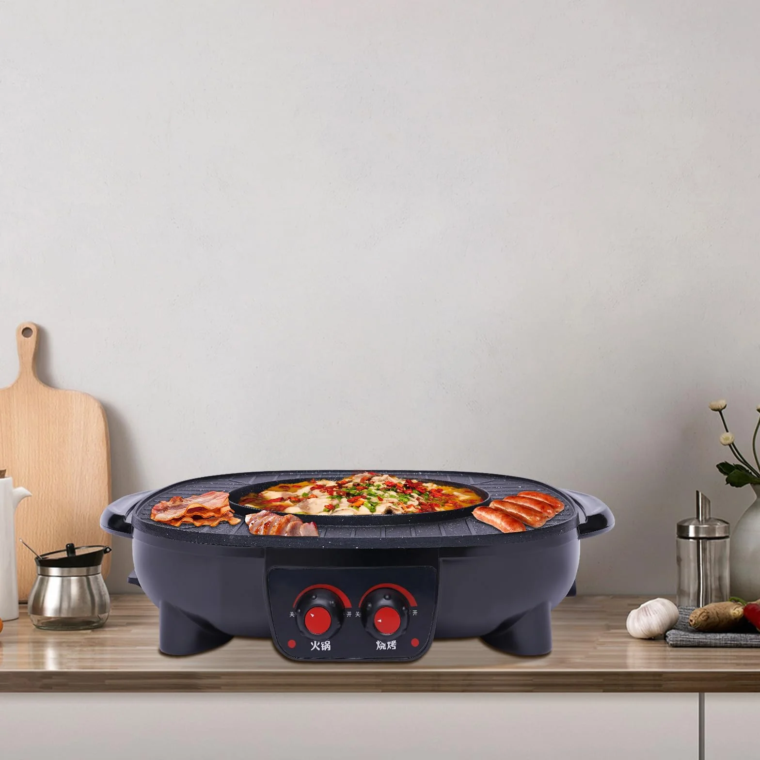 Hotpot i grill 2 w 1, 2000 W, elektryczny grill Hot Pot i Bbq, regulacja temperatury, zdejmowana płyta grzewcza, dla rodziny, na imprezę