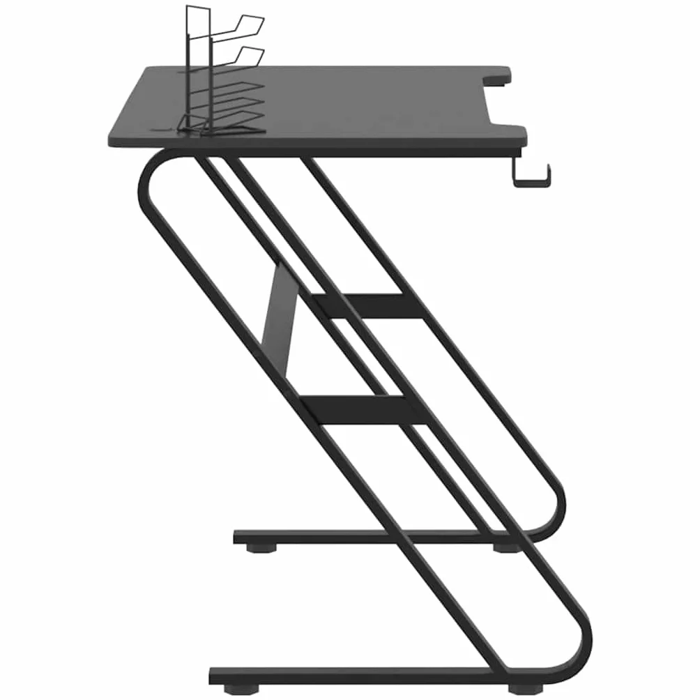 Biurko gamingowe ze stelażem ZZ, czarne, materiał drewnopochodny i żelazo, 110 x 60 x 75 cm, z półką na słuchawki i kontroler, uchwyt na kubek, stabilny stolik pod komputer do domowego biura