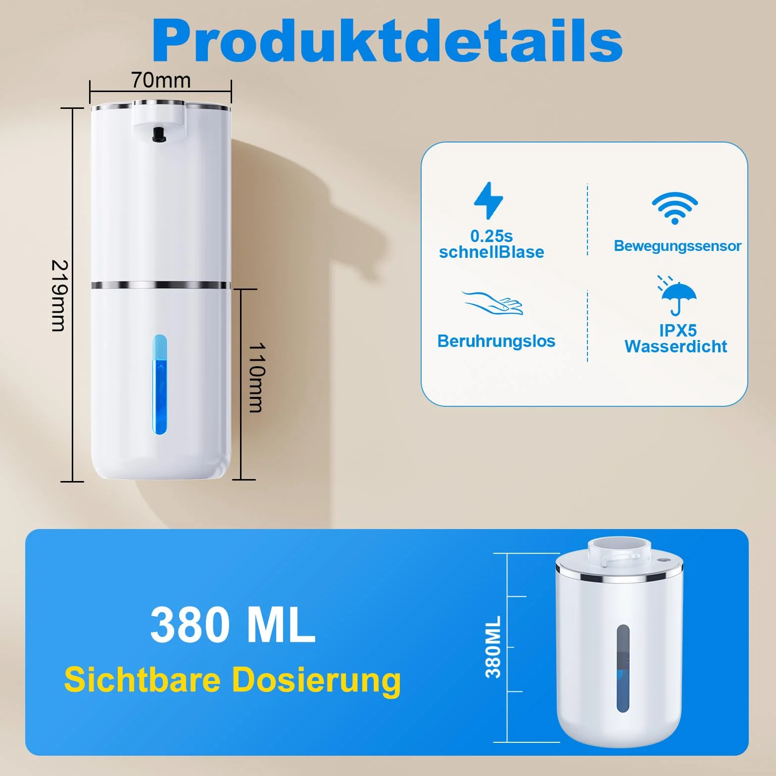 Fantictas Dozownik mydła automatyczny, elektryczny dozownik mydła z wyświetlaczem, ładowany przez USB, 6-stopniowa regulacja, 380 ml, montaż na ścianie, do łazienki/kuchni/płynu do mycia
