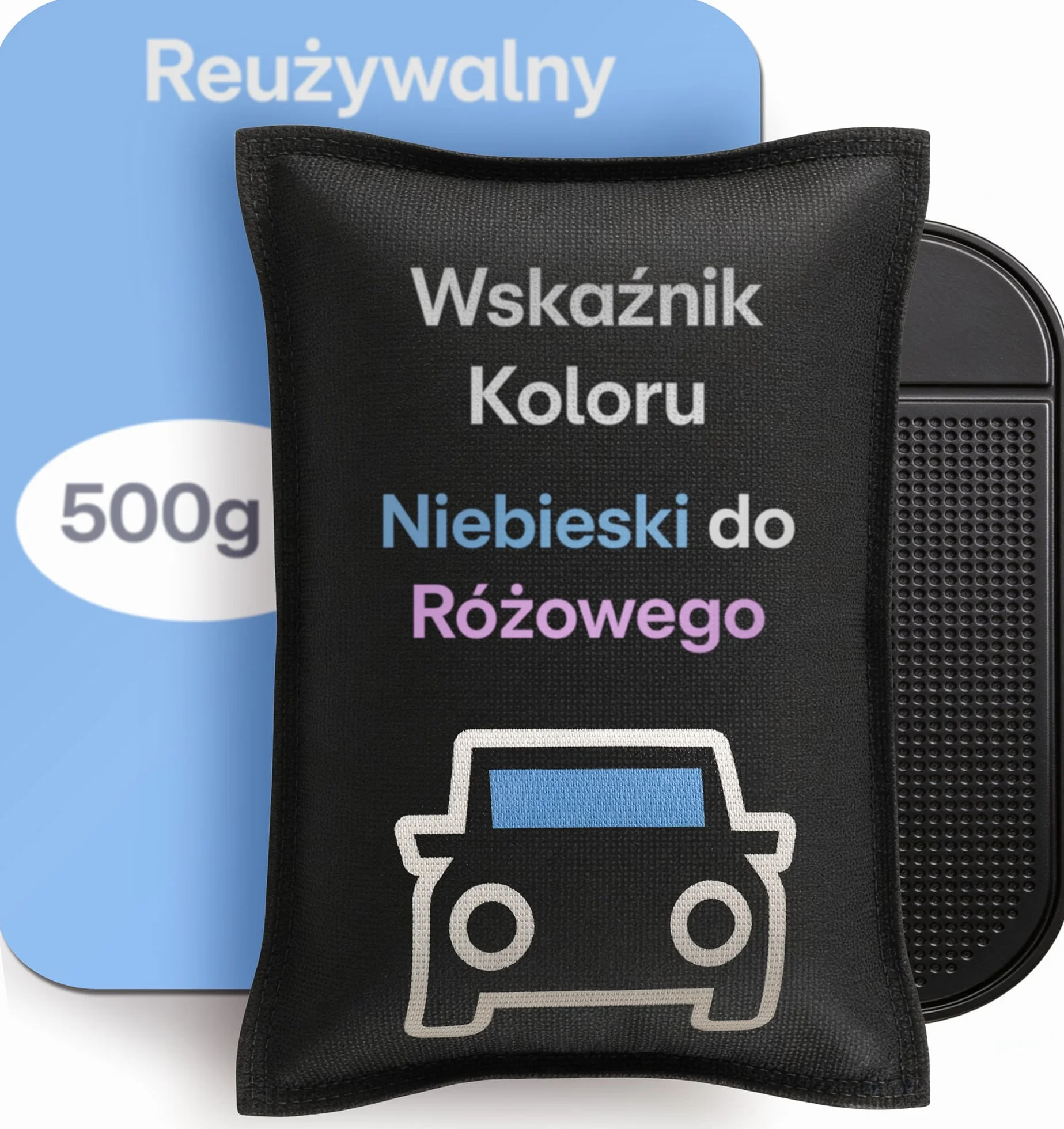 Praknu Osuszacz Samochodowy 500 g – Wielokrotnego Użytku Poduszka Wilgotnościowa do Zaparowanych Szyb Samochodowych – Z Wskaźnikiem Nasycenia i Podkładką Antypoślizgową