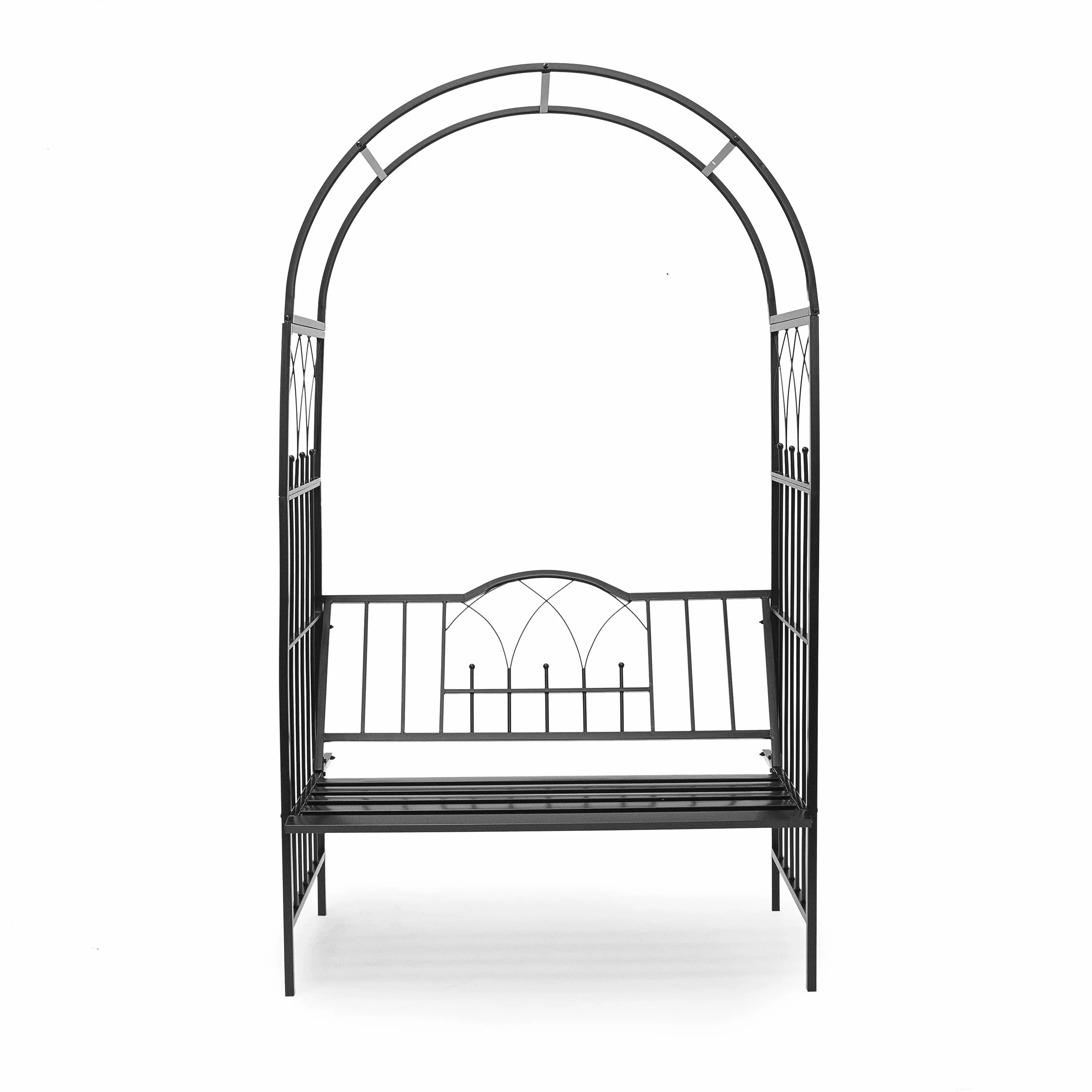 Relaxdays 10020032 pergola z ławką, wys. x szer. x gł.: 203 x 114,5 x 59 cm, kratka do roślin pnących z malowanego proszkowo żelaza z ławką dla 2 osób i piękna ozdoba dla roślin pnących, kolor czarny, 10020032