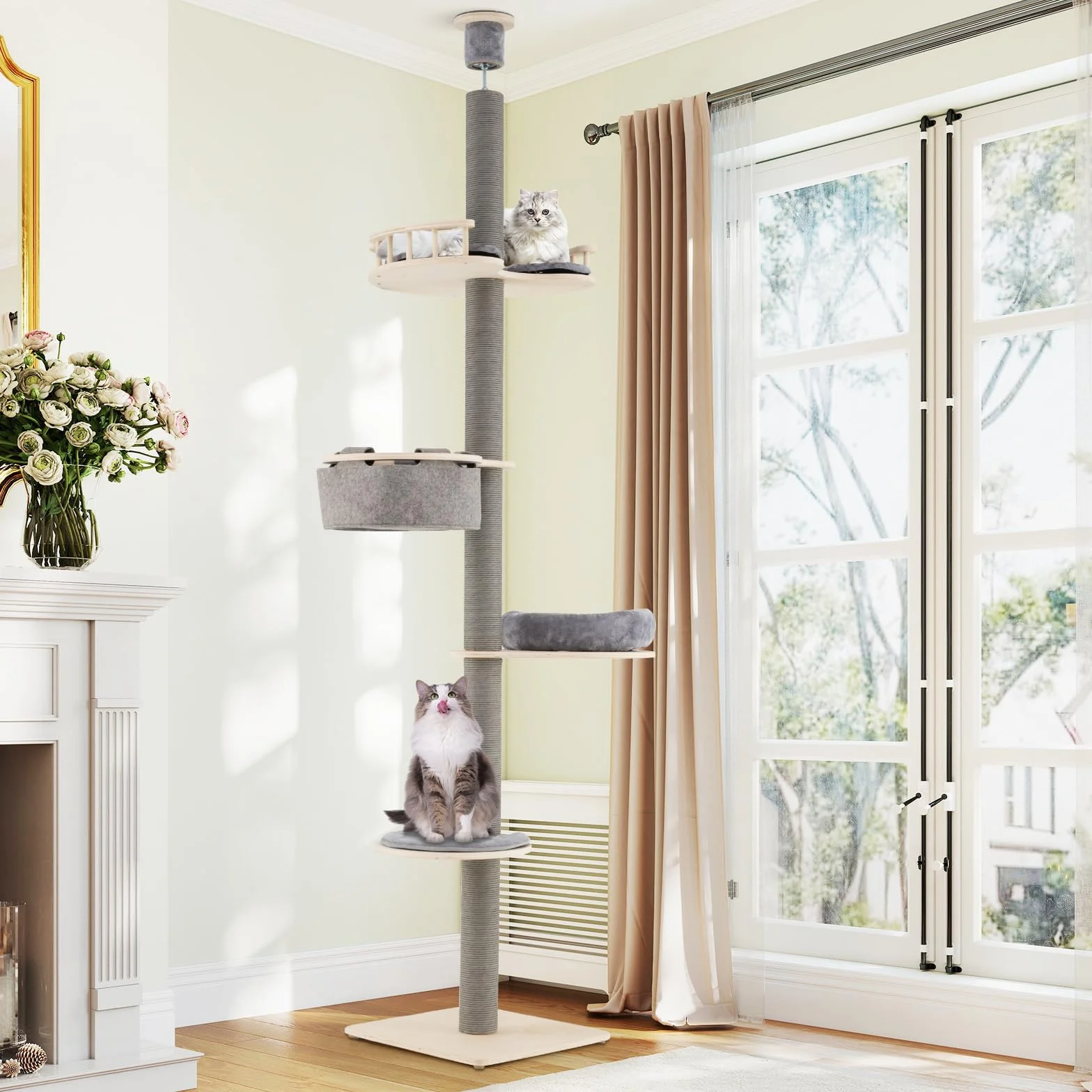 COSTWAY Drapak dla kota do sufitu 236-271 cm 5-piętrowy z hamakiem i platformami