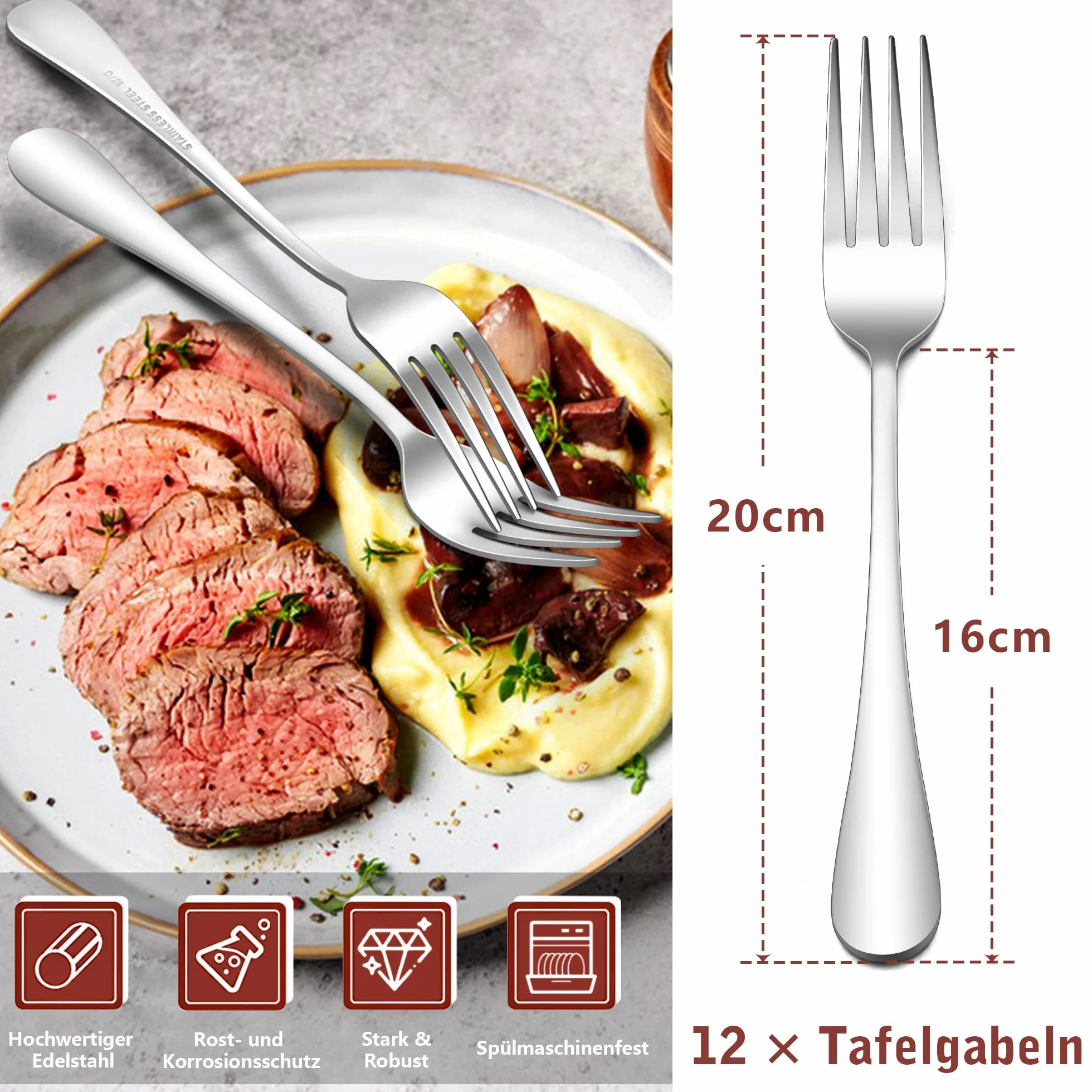 Widelce 12 sztuk, Joyfair stal nierdzewna widelce stołowe, zestaw widelców do menu, eleganckie i nowoczesne widelce, 19,5 cm duże widelce jadalniane do domu/restauracji/hotelu, polerowane na wysoki