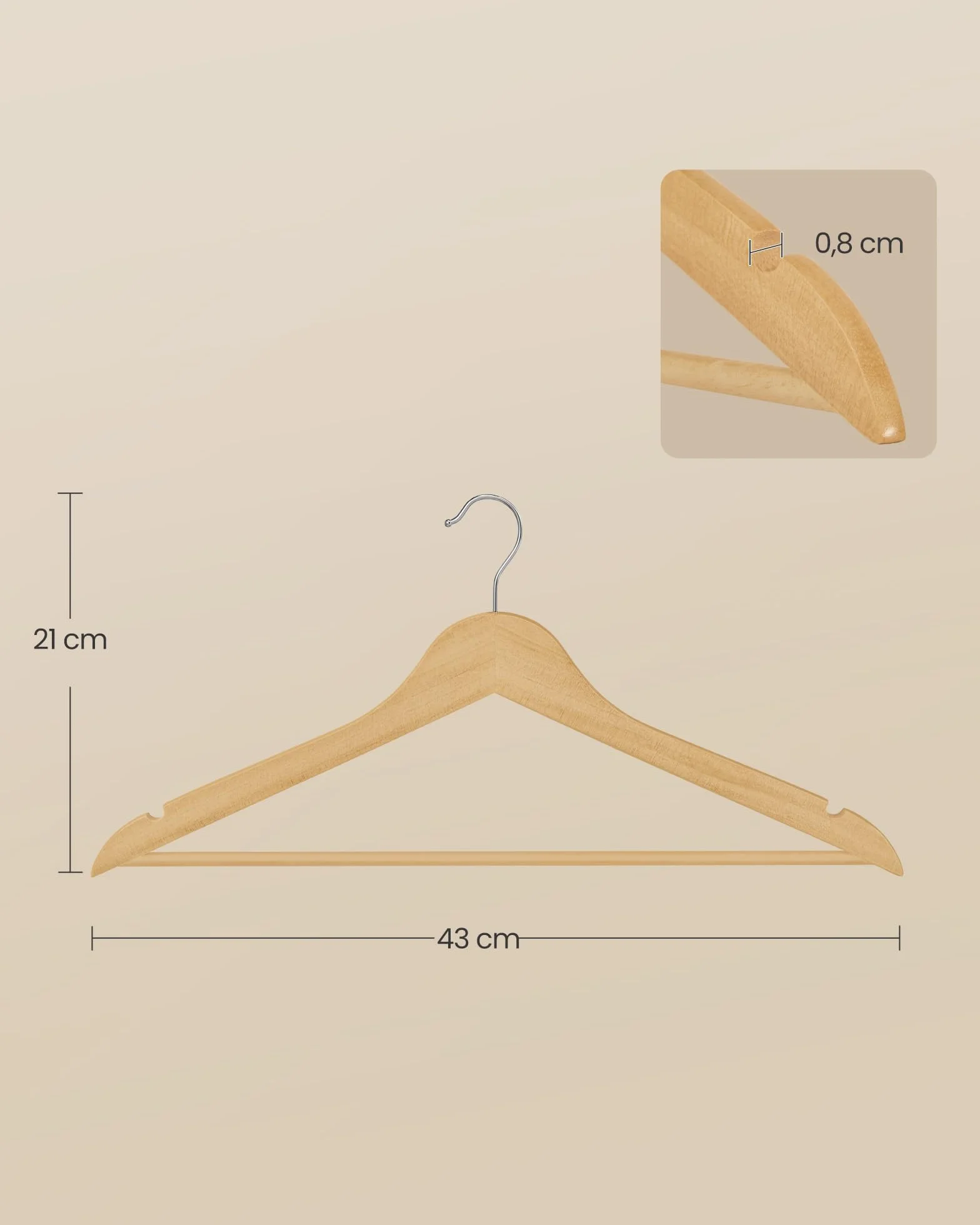 SONGMICS Wieszaki drewniane, 30 sztuk, cienkie, z nacięciami, wieszak na spodnie, obrotowy hak 360°, drewno brzozowe, do topów na ramiączkach, kurtek, naturalne CRW030K01