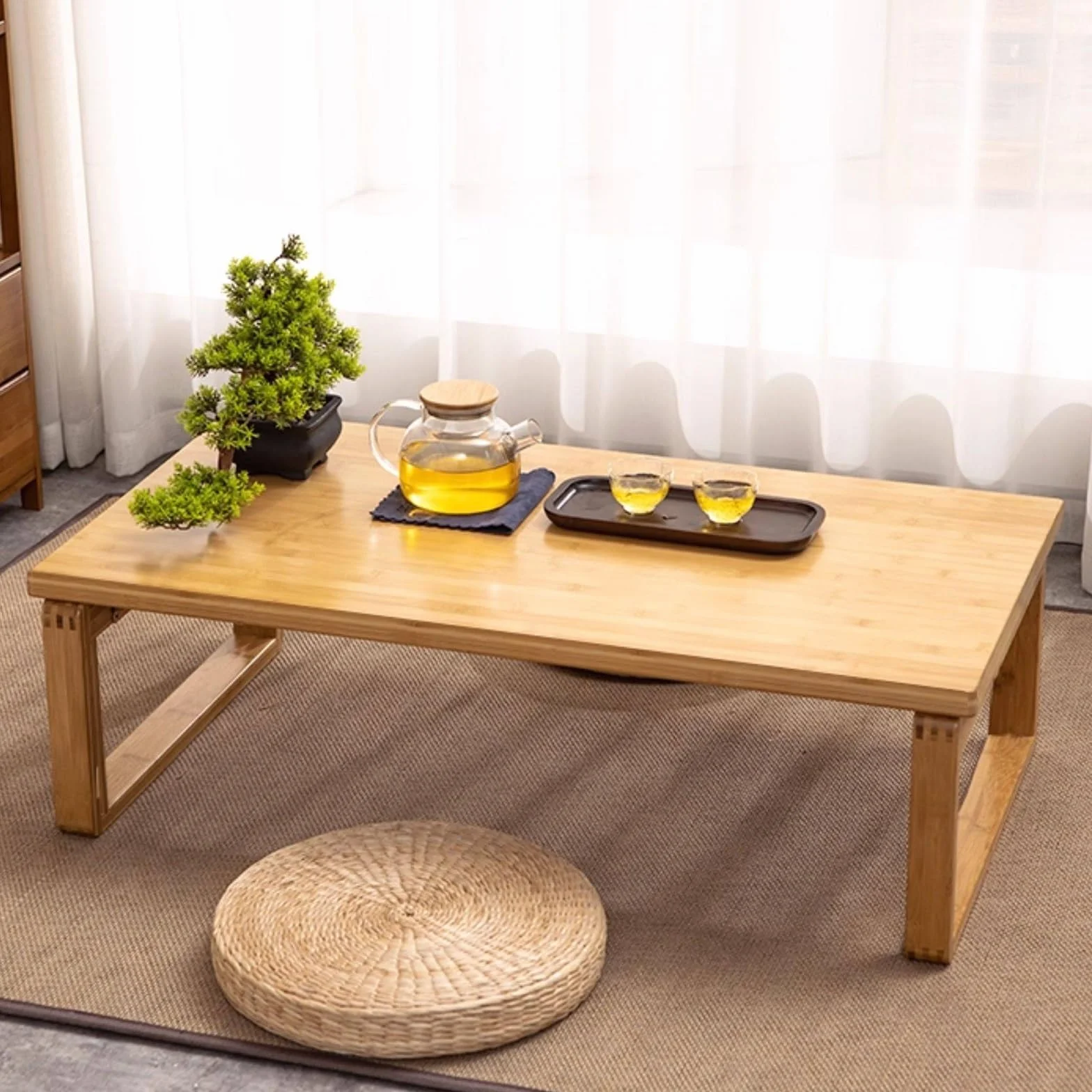 Nowoczesny bambusowy japoński stolik kawowy – wielofunkcyjny stolik podłogowy do salonu, naturalne drewno, 100 x 55 x 31 cm, idealny do siedzenia i relaksu
