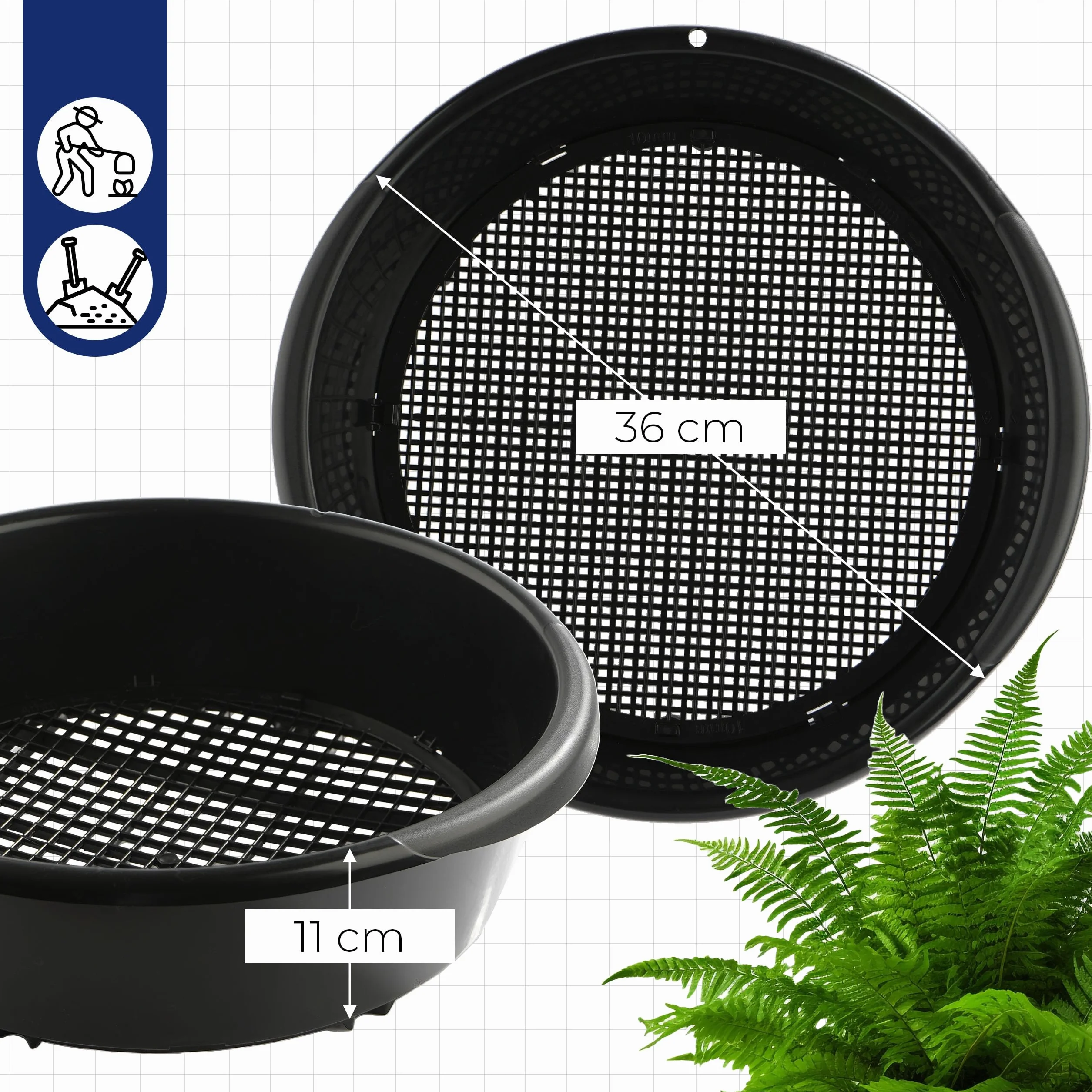 Sito regulowane sitko ogrodowe do przesiewania ziemi, kompostu i kamieni, okrągłe, 36 cm, regulowana szerokość oczek: 4-10 mm