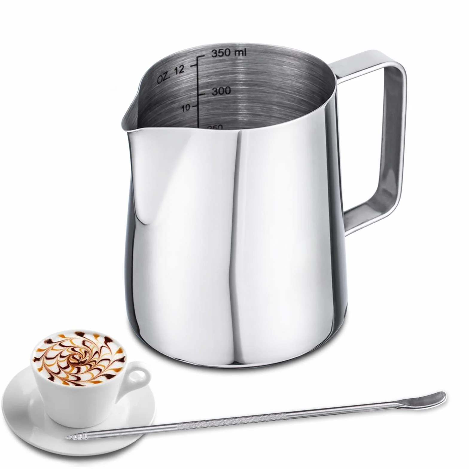 Dzbanek na mleko ze stali nierdzewnej, 350 ml, z pomiarem Mark i Latte Art, srebrny, mały dzbanek do spieniacza do mleka Barista dzbanek do spieniania espresso cappuccino