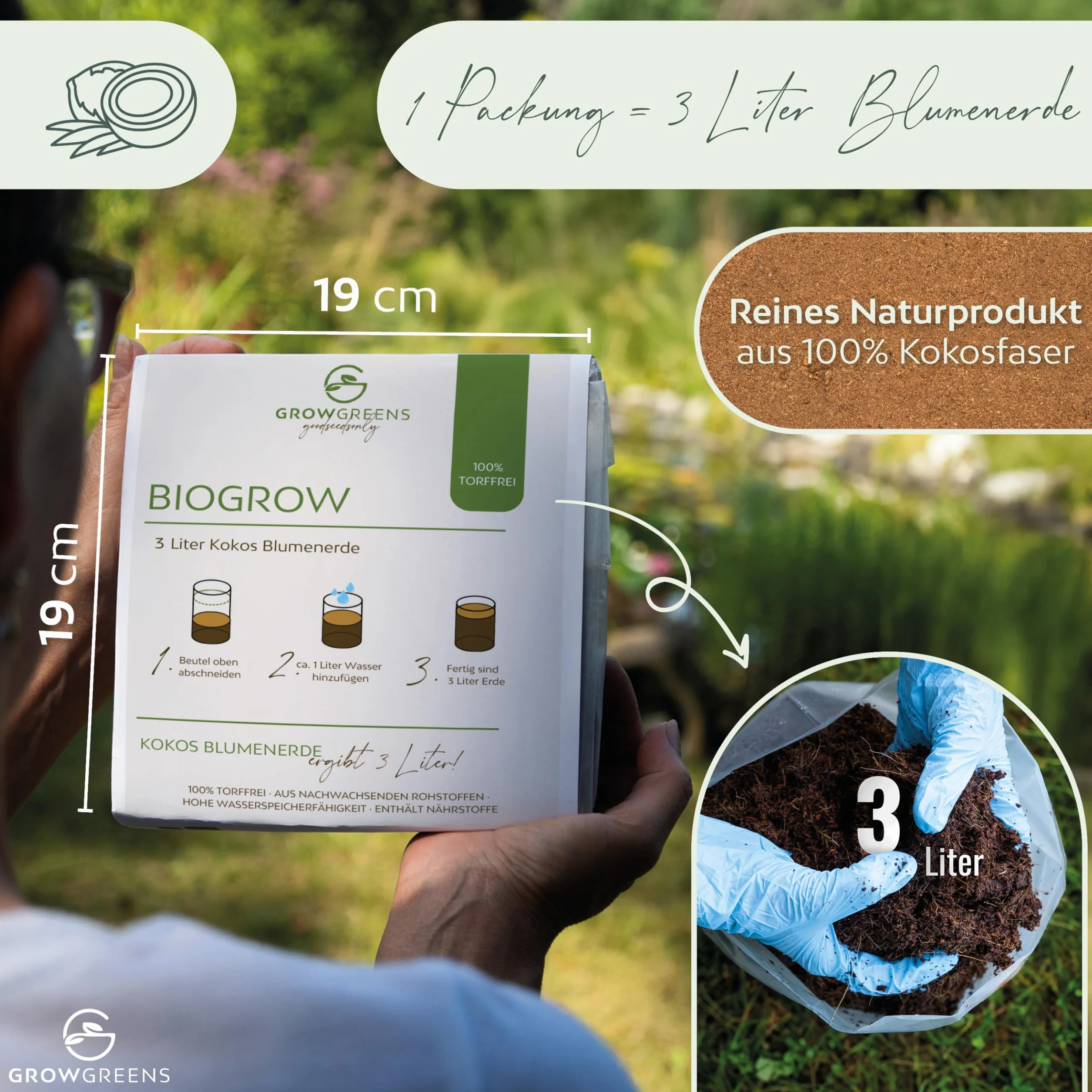Organiczna ziemia kokosowa skompresowana w nadmuchiwanym worku - biodegradowalna ziemia bez torfu, składa się w 100% z włókna kokosowego (3 litry, 1 sztuka)