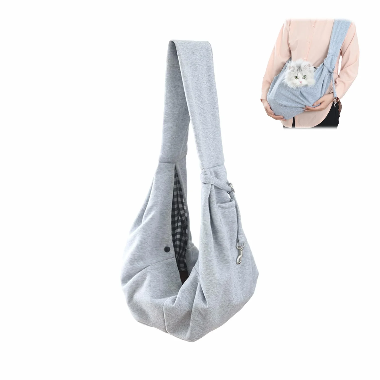 Odwracalna mała torba do noszenia psa, chusta do noszenia psa do 7,5 kg, torba do noszenia psa z karabińczykiem, paskiem do noszenia, torba na ramię dla psów na spacery na świeżym powietrzu (szara)