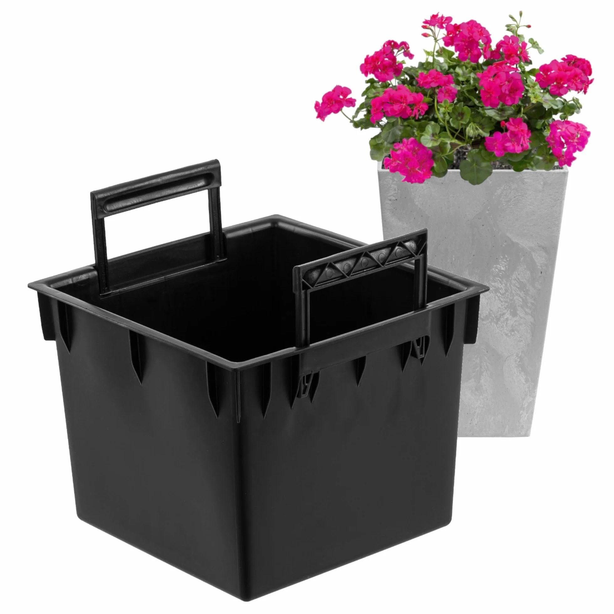 Zestaw 2 czarnych wkładek do doniczek z tworzywa sztucznego, 11 l, wymiary 24 x 24 x 18,5 cm, do doniczek Prosperplast, wysokość H 44,9 cm, z uchwytami, do użytku wewnątrz i na zewnątrz – ułatwia