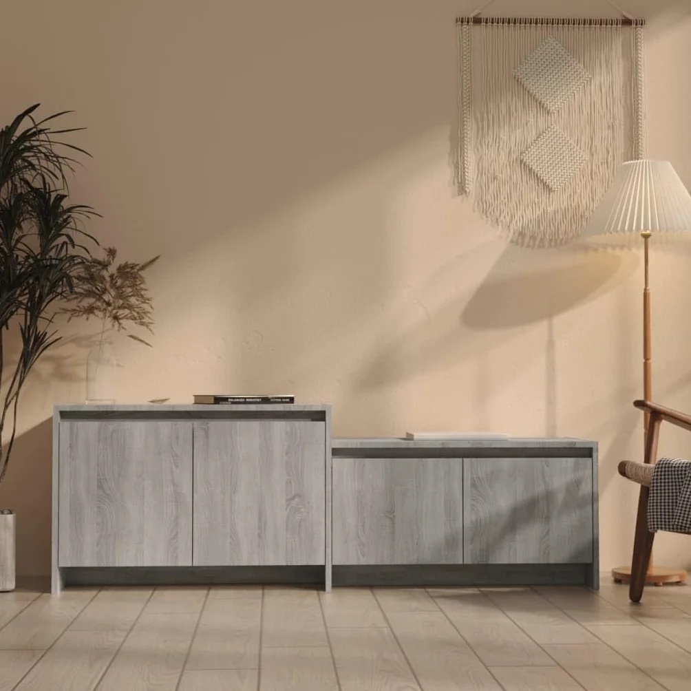 Hothingwell Sonoma szafka pod telewizor szara 146,5x35x50 cm drewno inżynieryjne | 4 drzwi, 2 sztuki do montażu, przechowywanie DVD i konsoli, łatwe czyszczenie
