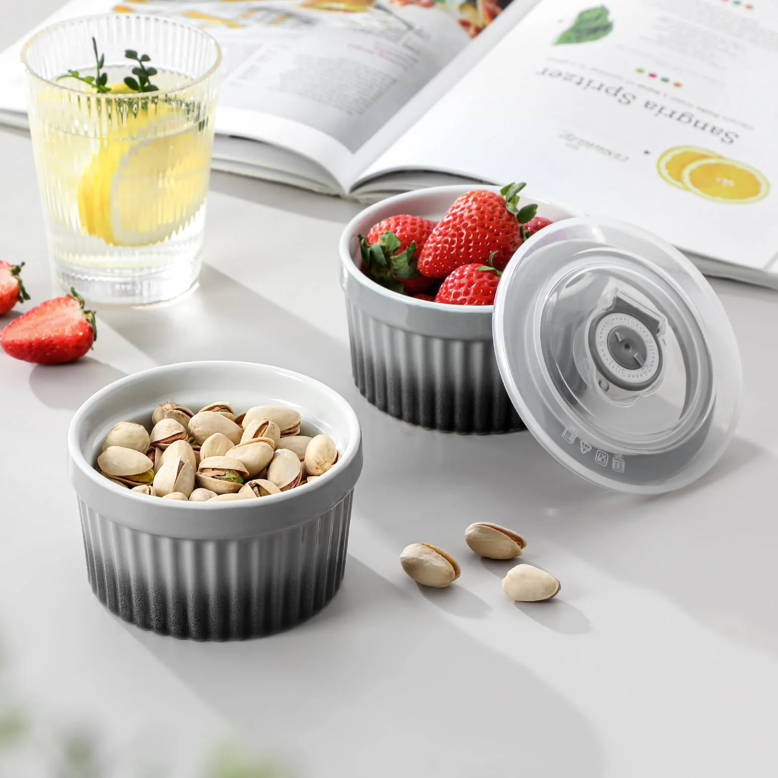 vancasso Ramekiny z pokrywkami, 6 x 260 ml, ramekiny i foremki do dmuchania z porcelany, Ramekin Creme Brulee do babeczek i ciast, ramekin, piekarnik do kremów, sos, owoce, Ø10,1 cm - szary