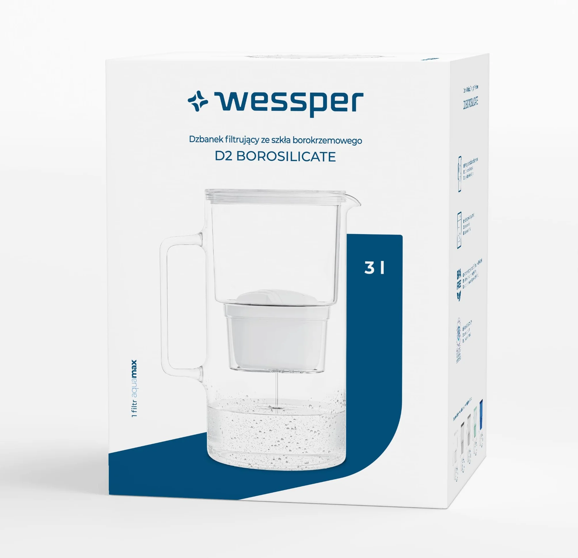 Wessper Szklana karafka na wodę 3L z filtrem | Zamiennik dla filtra Dafi Unimax Aquaphor A5 BRITA Maxtra+ PHILIPS AWP212/10 | Redukuje wapno, chlor i metale występujące w wodzie | Czarny