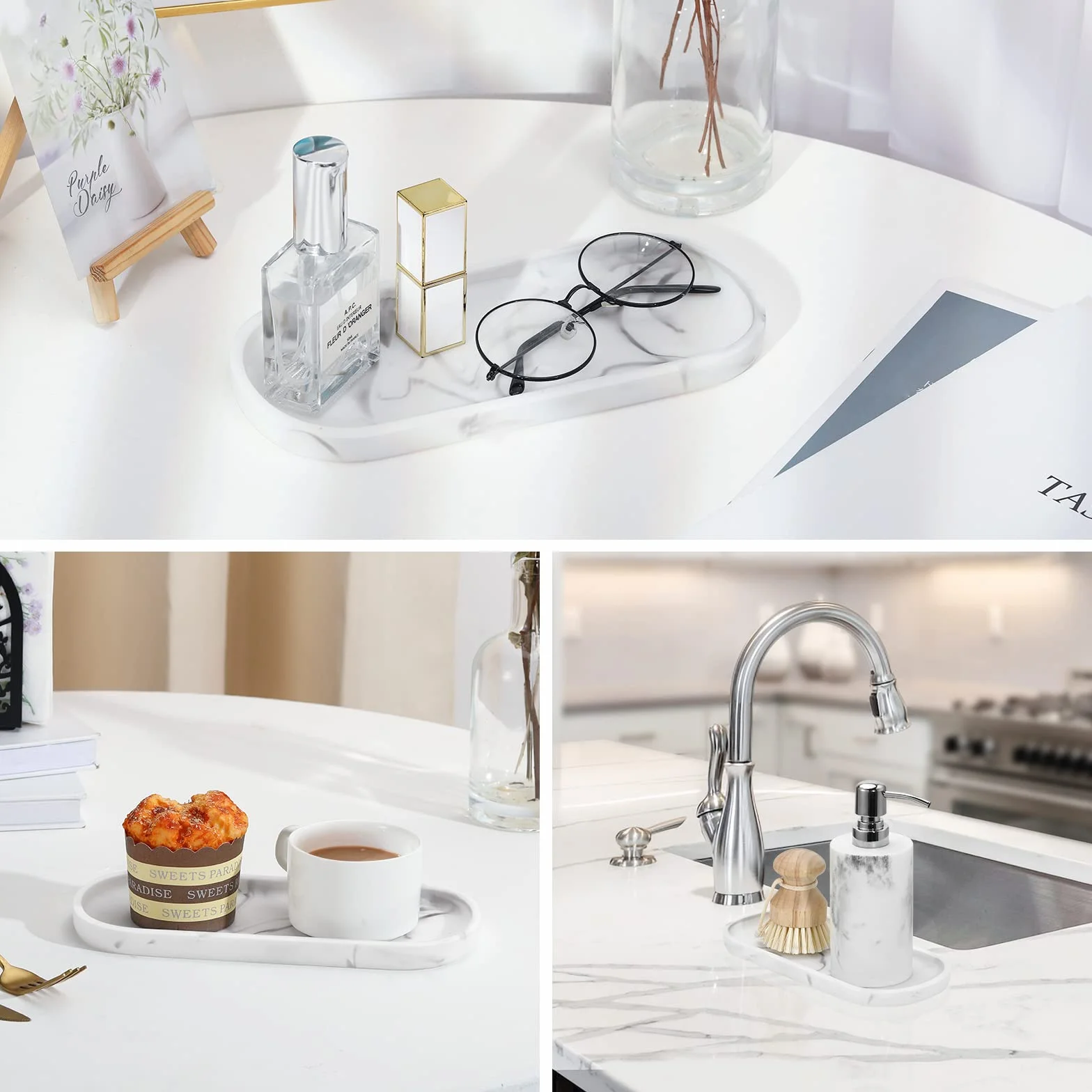 Luxspire Owalna taca, żywica, przechowywanie biżuterii, organizer kosmetyczny Vanity, półka do serwowania, półka, miska dekoracyjna na biżuterię, szampon, szminka, roślina, marmur mała roślina