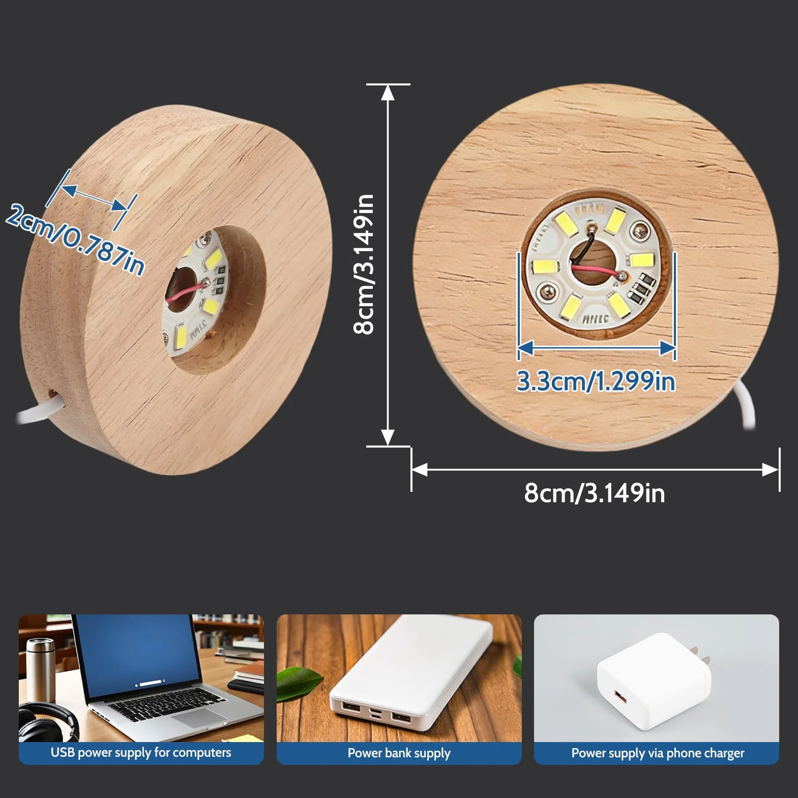 Podstawa do wyświetlacza LED, luksusowa drewniana podstawa LED z zasilaniem USB, średnica 8 cm, solidne dębowe drewno do prezentacji kryształów, szkła artystycznego i biżuterii