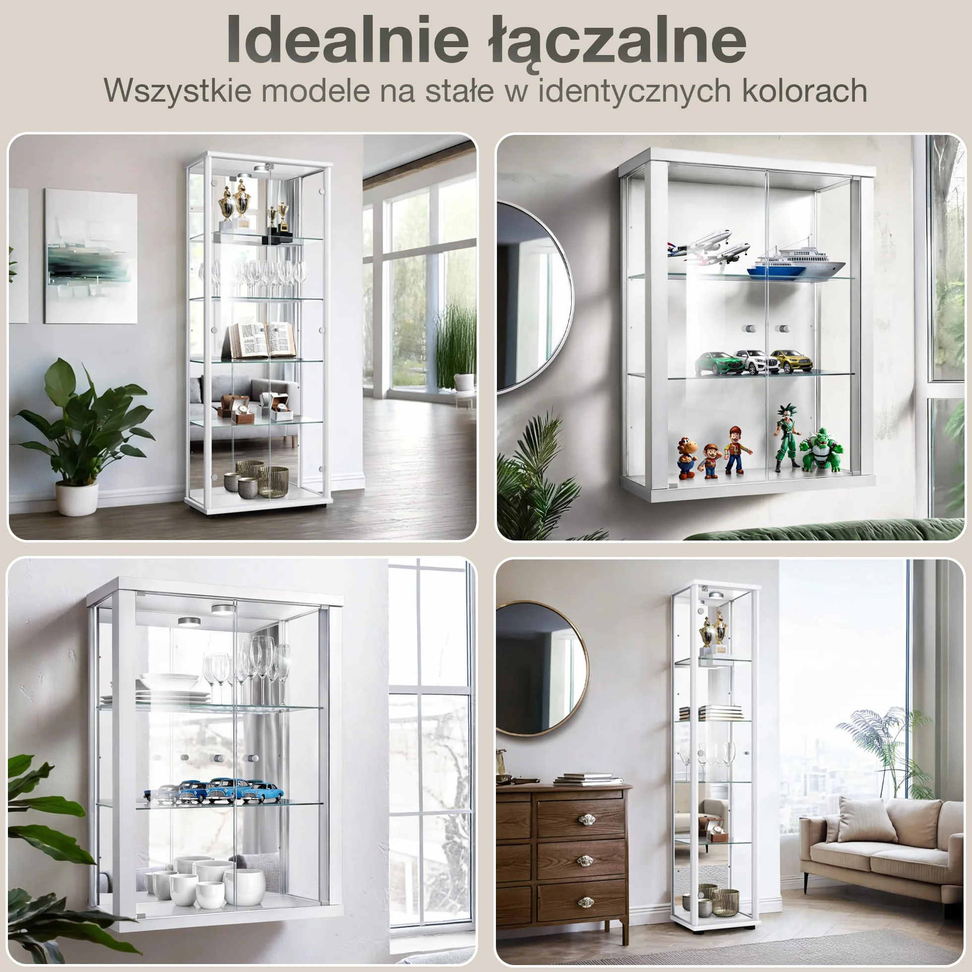 witryna wisząca szklana w kolorze białym (80x60x25 cm) z 2 regulowanymi półkami szklanymi - gablota na modele samochodów biała - szafka gablota biała - witryna kolekcjonerska