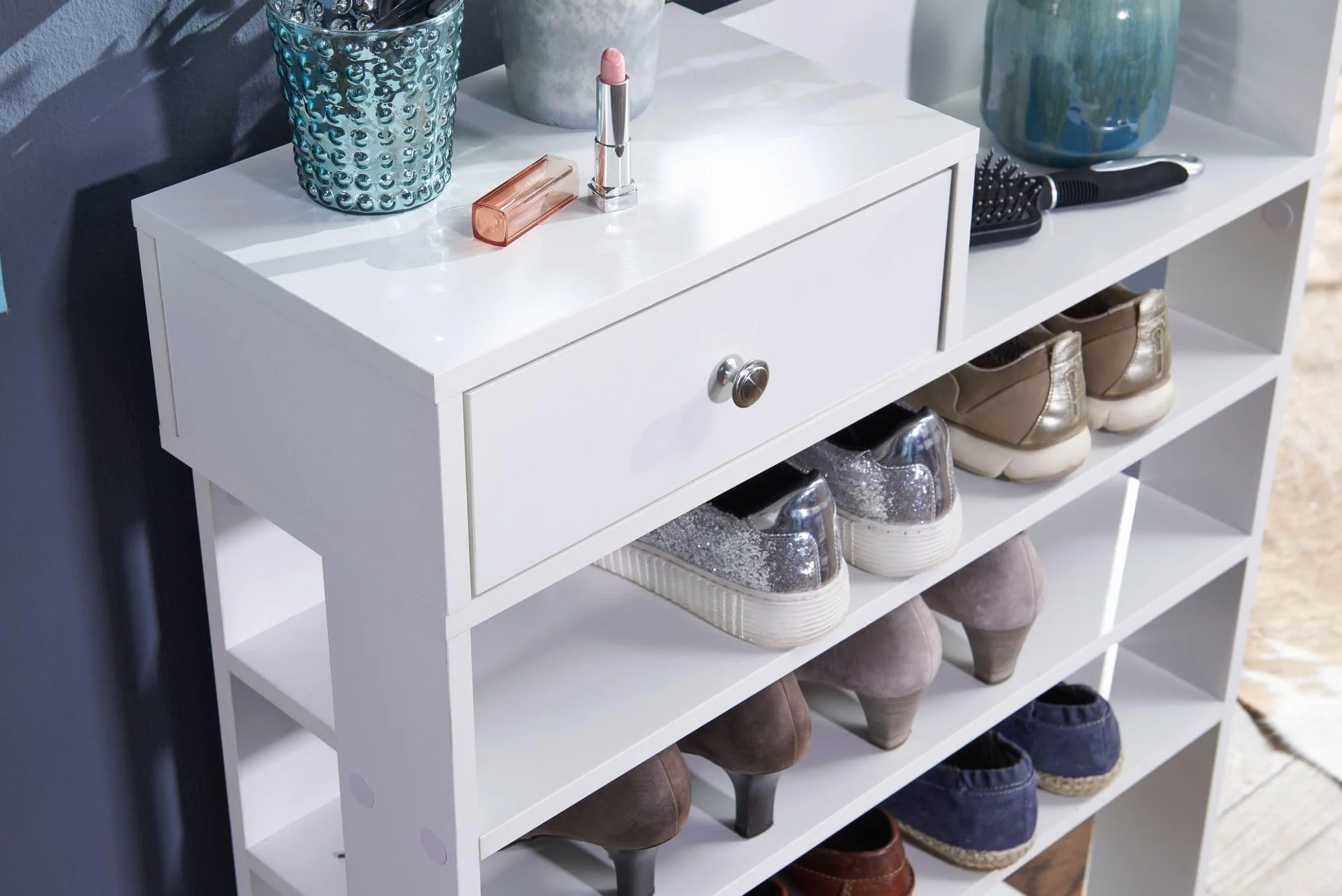 WOHNLING Regał na Buty 75x24x92,5 cm Biały z Szufladą, 7 Przegrody | regał do przedpokoju wysoki do wiele par butów, regał stojący ze schowkiem, półka na buty otwarta do przedpokoju i korytarza