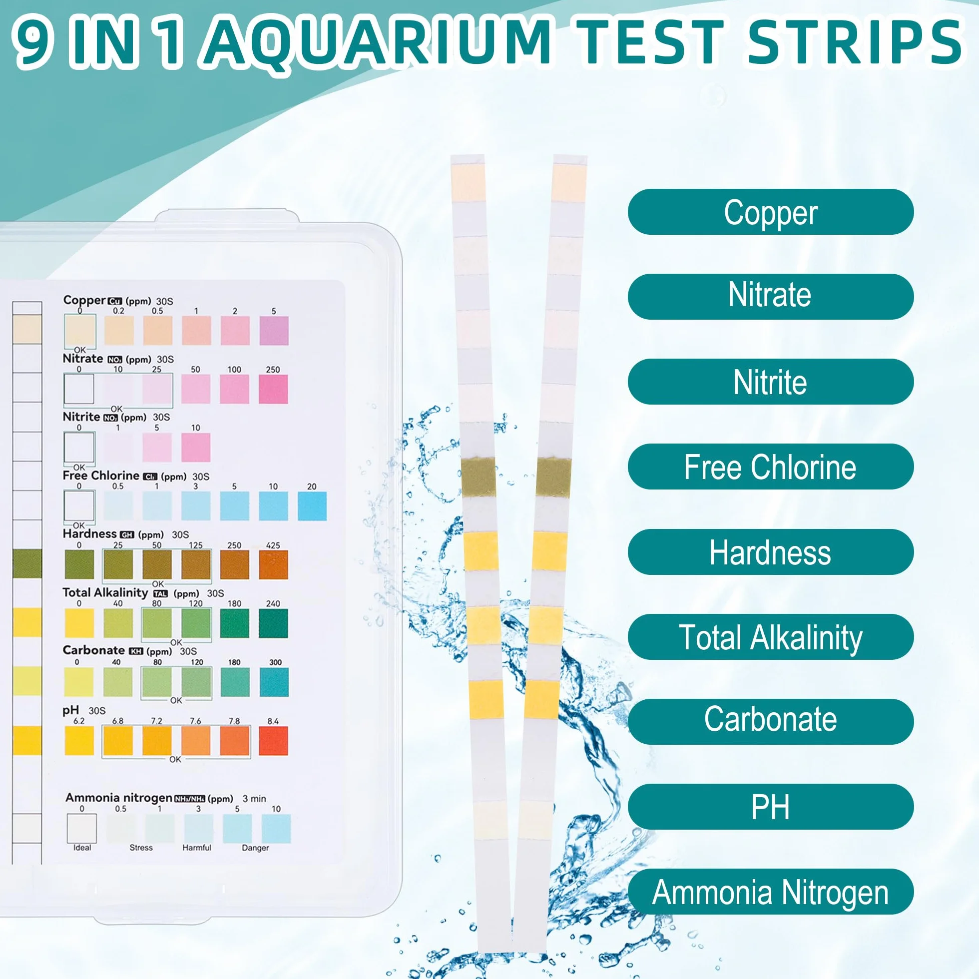 Paski testowe do akwarium 9 w 1 zestaw testów azotu amoniaku węglanu azotanów chloriny alkalicznych pH miedzi