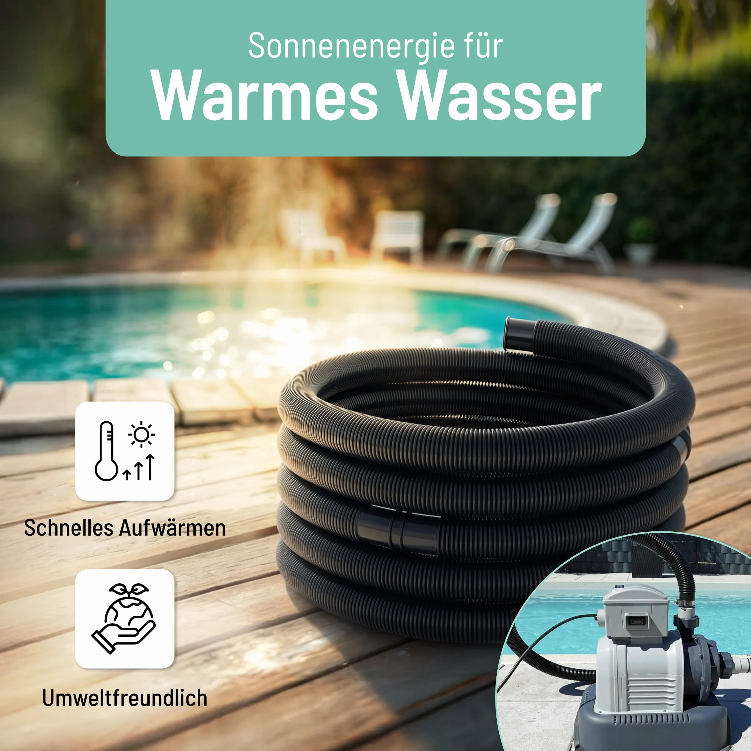 poolomio Wąż basenowy 38 mm / 6 m czarny | elastyczny wąż solarny do pompy basenowej, ogrzewania basenu i maty solarnej | stabilny wąż pompy 1 1/2", odporny na promieniowanie UV, wąż ssący