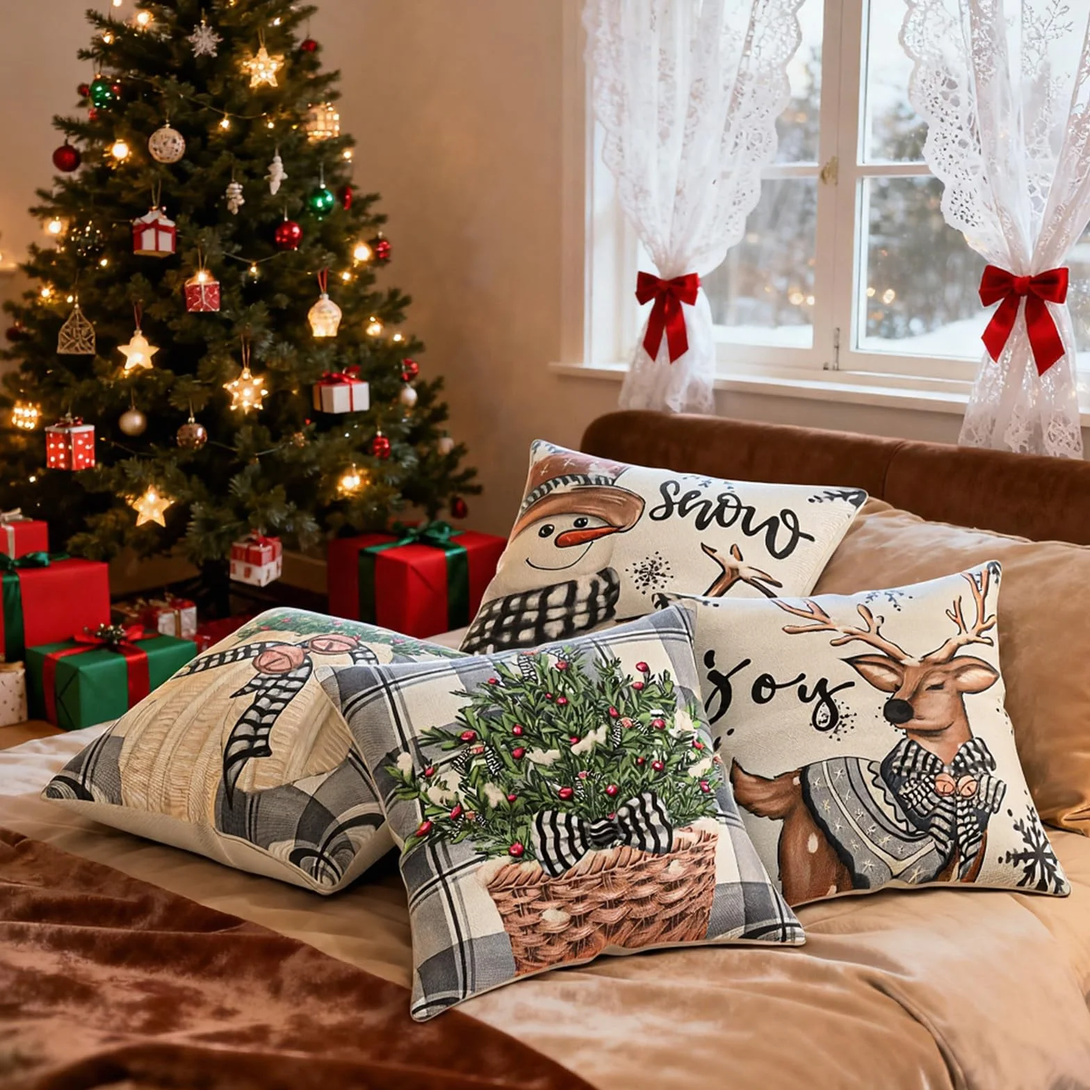 Christmas poszewka na poduszkę 40 x 40, 4 sztuki, lniana poduszka bożonarodzeniowa, dekoracja bożonarodzeniowa, kolor biały i szary, dekoracja renifera, do salonu, na kanapę, dekoracja