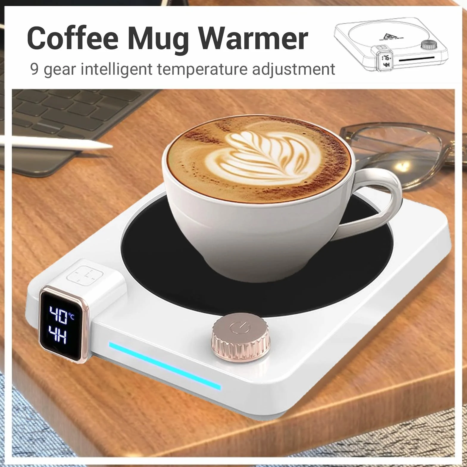 Auto Wyłącz Ciepłokopalnik, 9 Ustawienia Temperatury Electric Cup Oczekńca z Automatycznym Wyłączeniem 4H, Idealny Wybór do Biurka do (Wtyczka UE 220V)