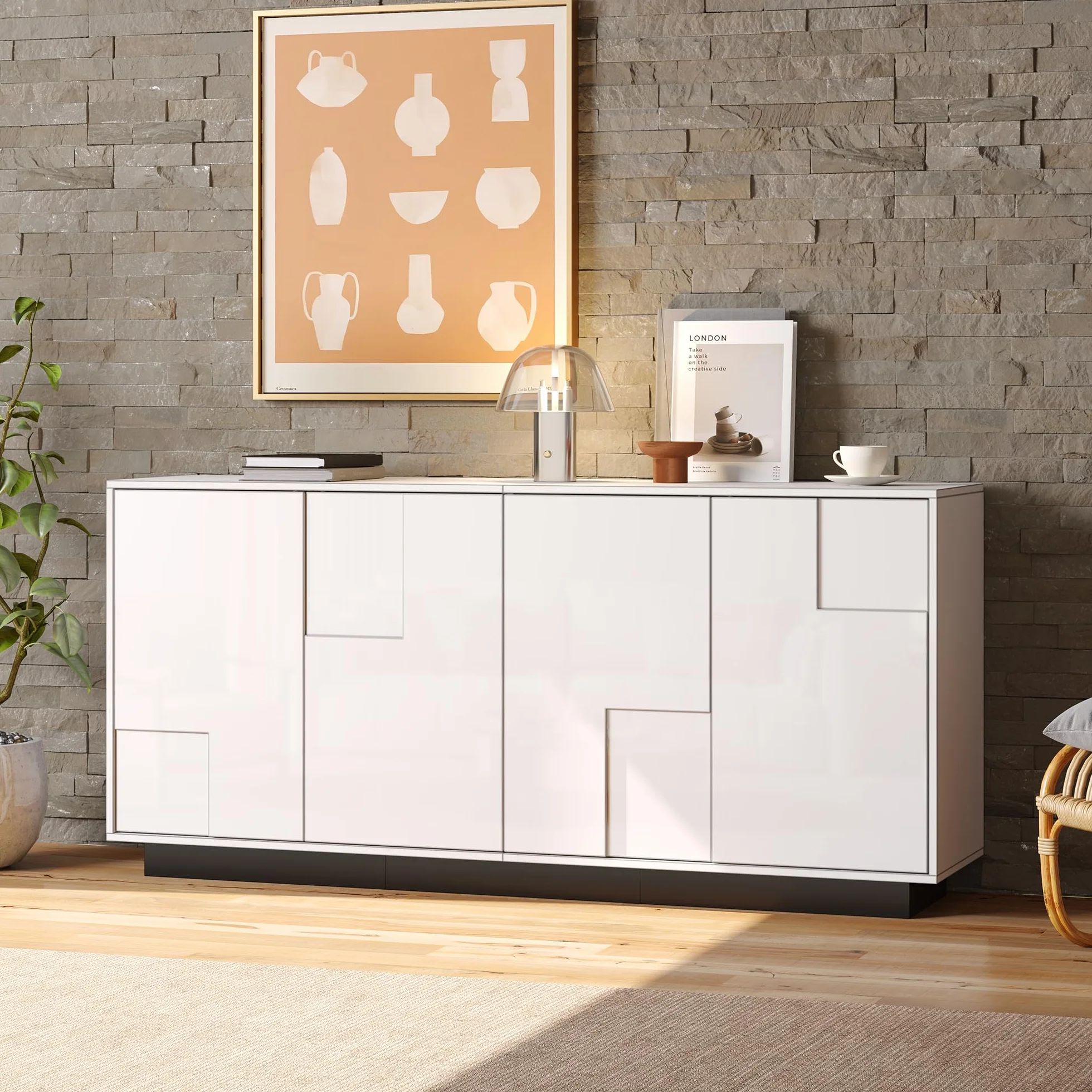 Szafka do salonu, 160 x 37 x 75,5 cm, z 4 drzwiami. Szafka pod wysoki połysk, szafka pod umywalkę o geometrycznym kształcie, duża przestrzeń do przechowywania, schemat kolorów w kolorze białym i