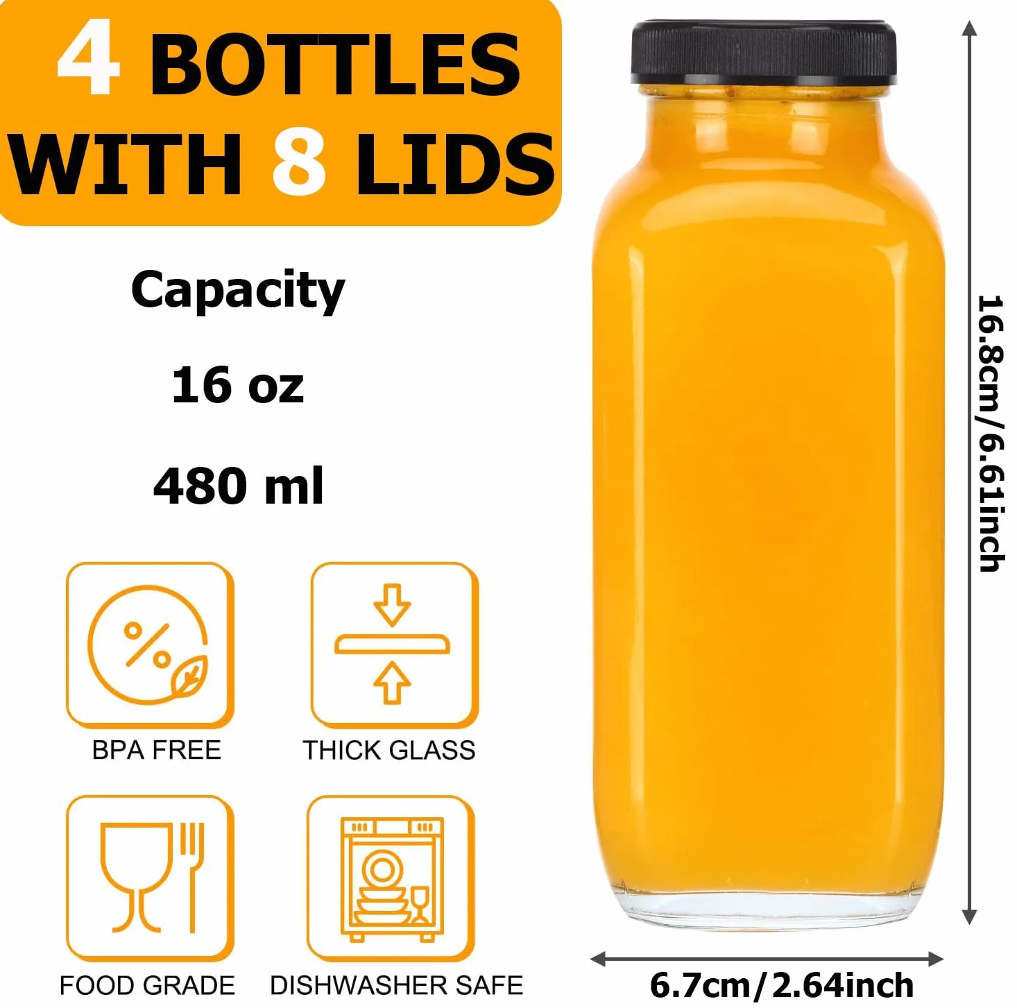 Butelki do smoothie i soków, 4 sztuki, 500 ml, wielokrotnego użytku, z pokrywką, idealne do imbiera i koktajli mlecznych
